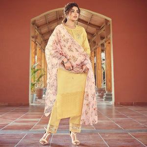 Light Yellow Floral Embroidered Viscose Kurti - Pant Set With Dupatta - Peachmode