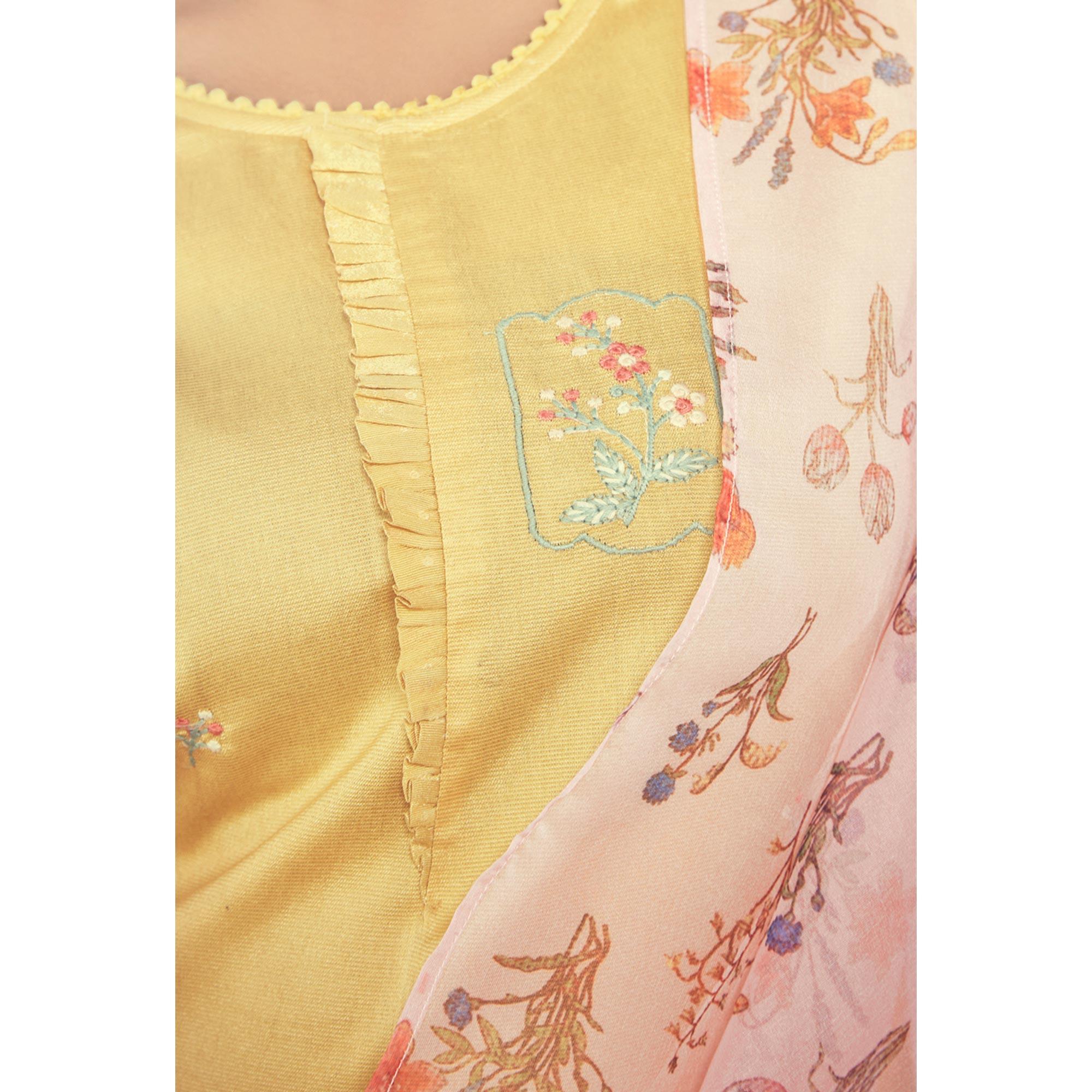 Light Yellow Floral Embroidered Viscose Kurti - Pant Set With Dupatta - Peachmode