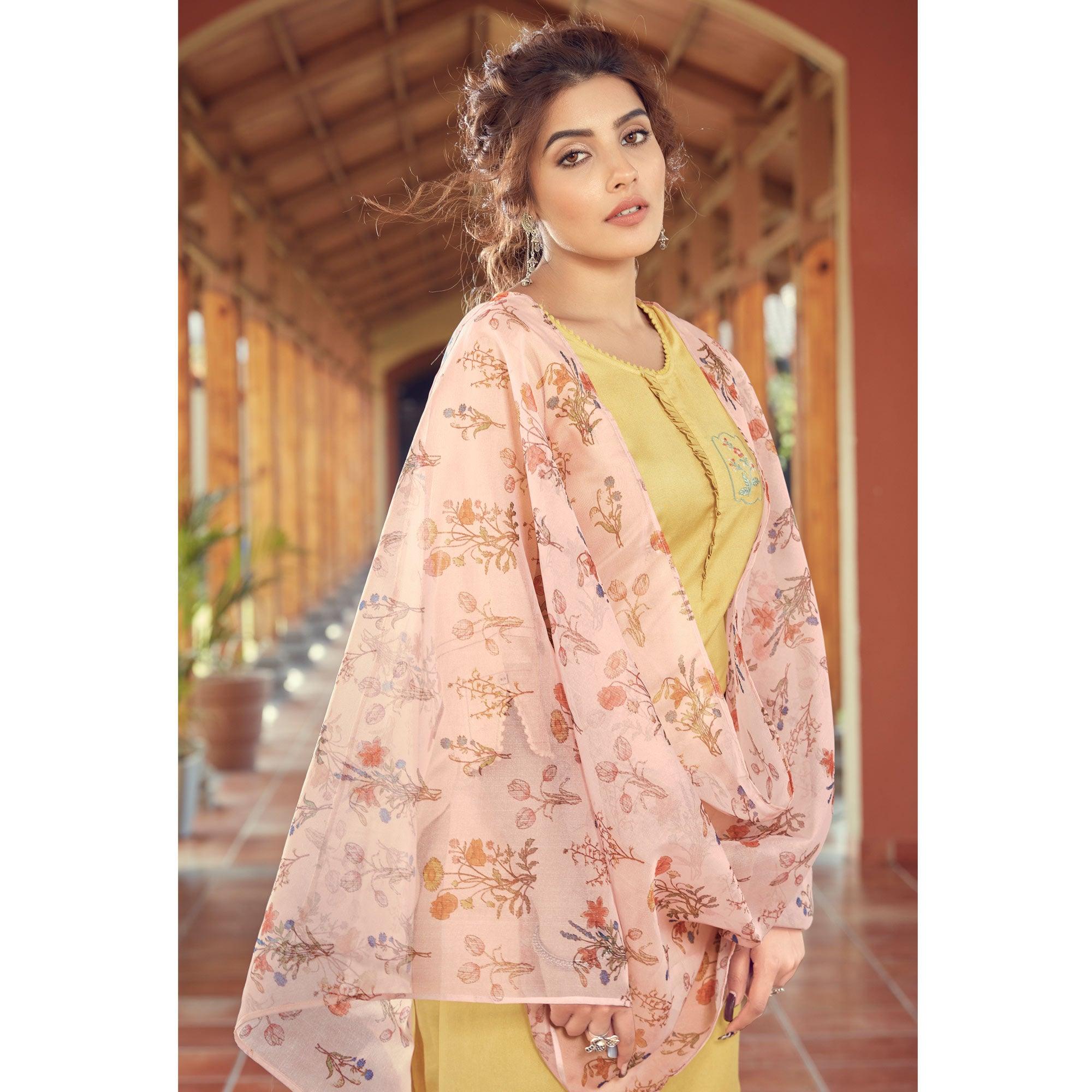 Light Yellow Floral Embroidered Viscose Kurti - Pant Set With Dupatta - Peachmode