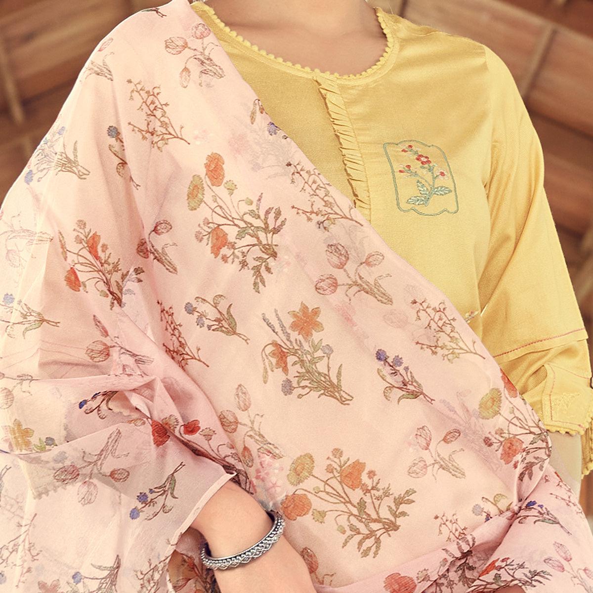 Light Yellow Floral Embroidered Viscose Kurti - Pant Set With Dupatta - Peachmode