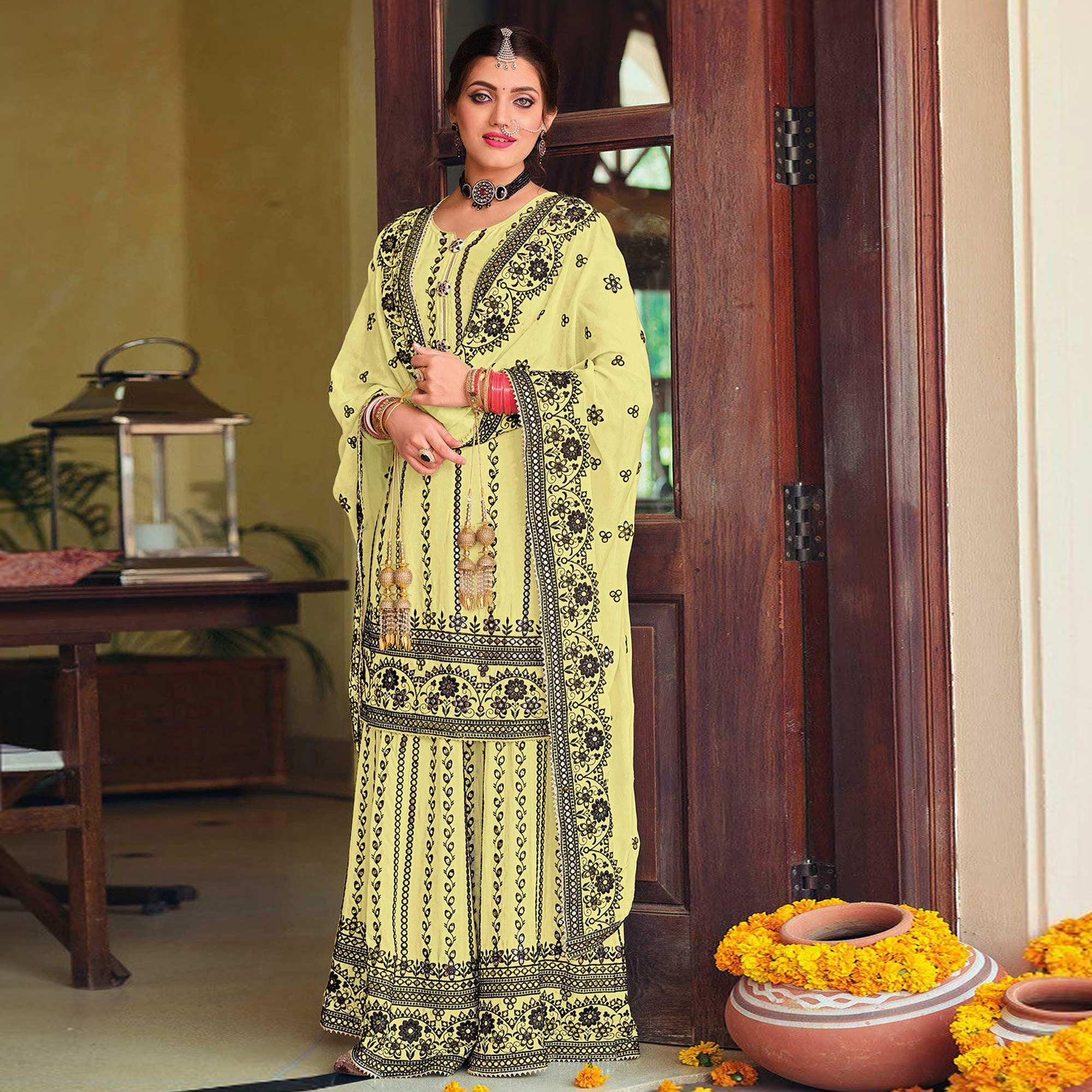 Light Yellow Partywear Designer Floral Embroidered Georgette Palazzo Suit - Peachmode