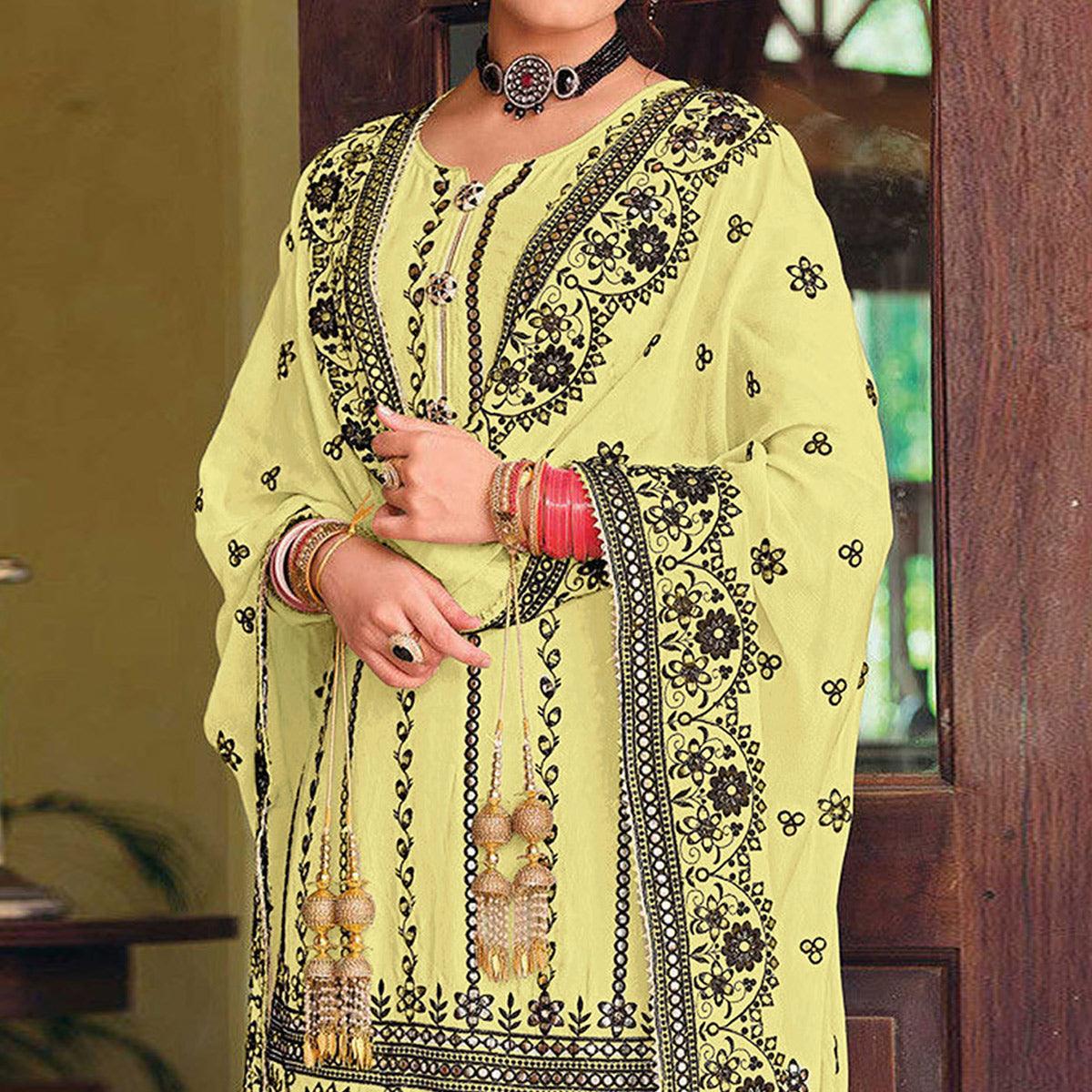Light Yellow Partywear Designer Floral Embroidered Georgette Palazzo Suit - Peachmode
