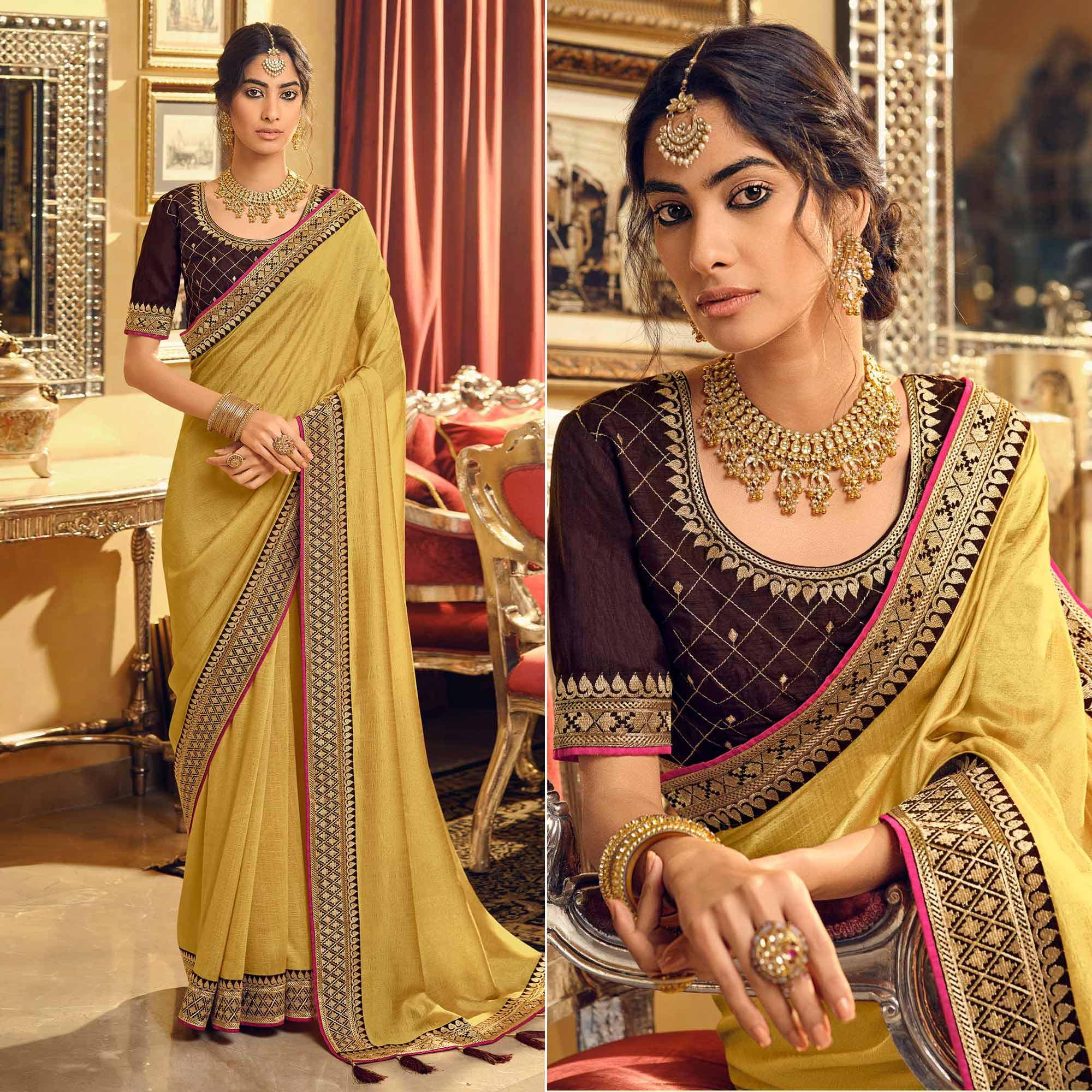 Light Yellow Partywear Embroidered Silk Saree - Peachmode