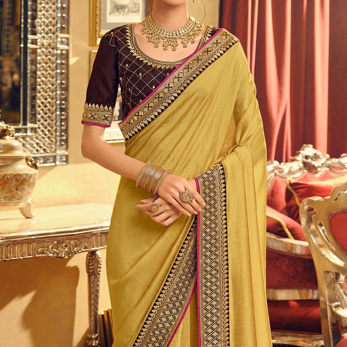 Light Yellow Partywear Embroidered Silk Saree - Peachmode