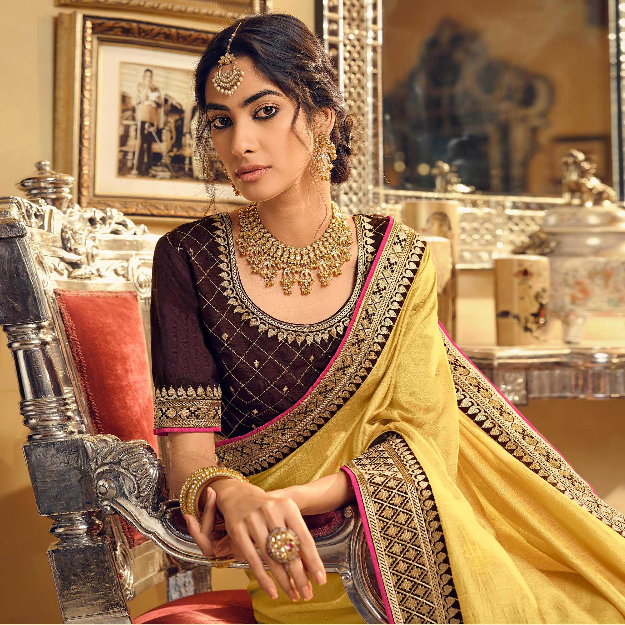 Light Yellow Partywear Embroidered Silk Saree - Peachmode
