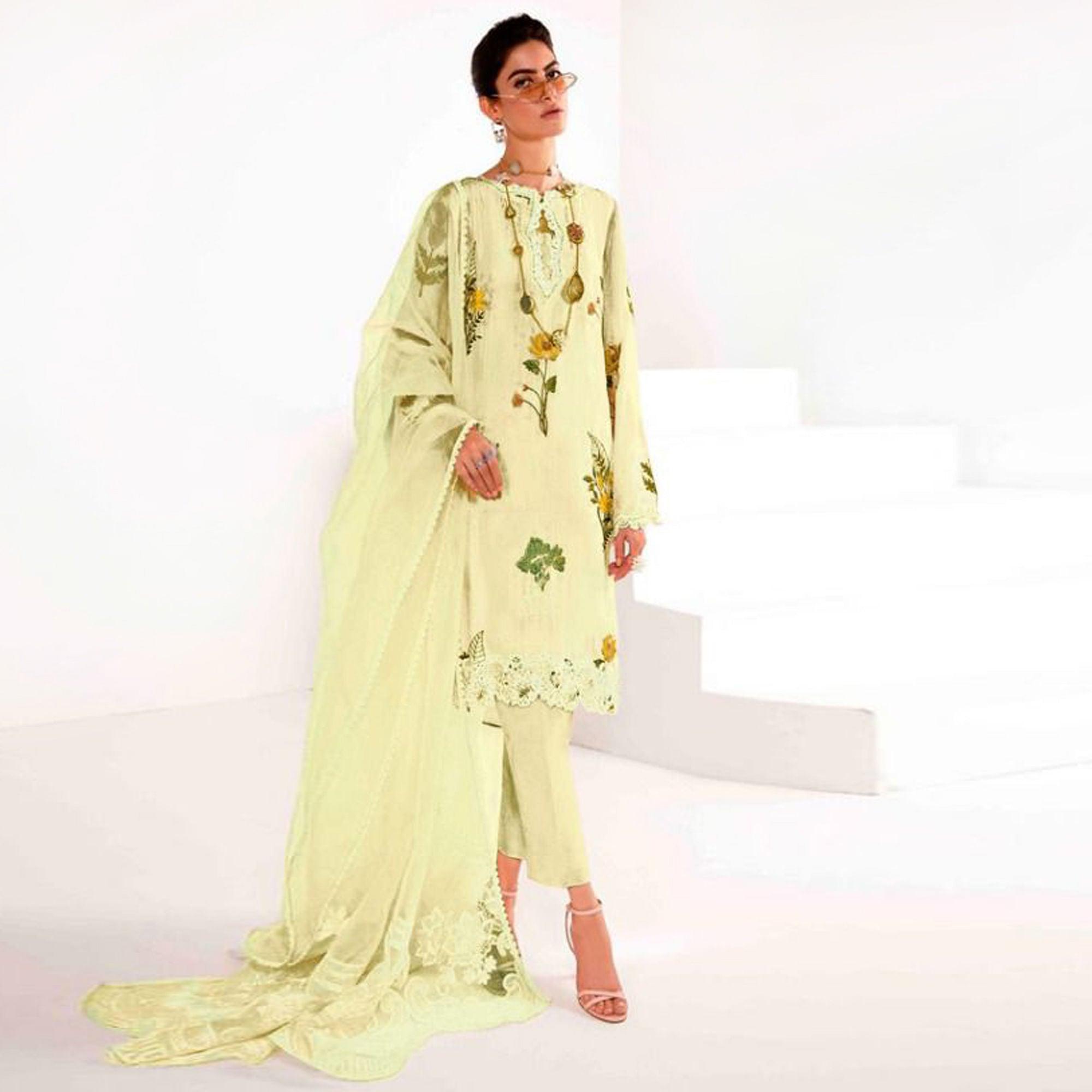 Light Yellow Partywear Floral Embroidered Georgette Pakistani Suit - Peachmode