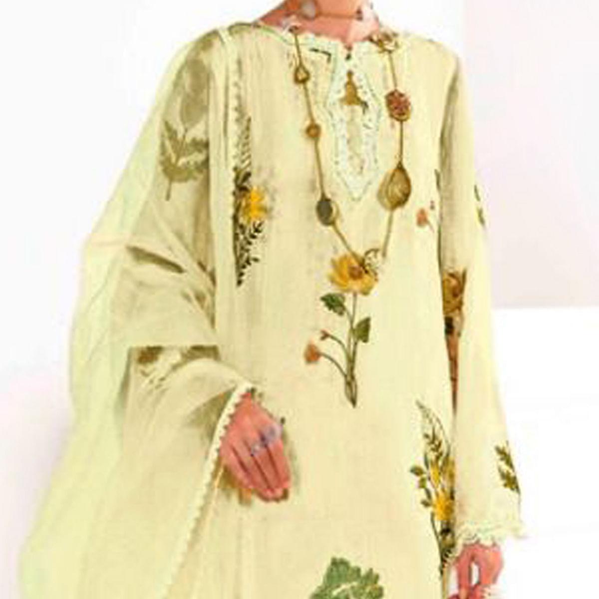 Light Yellow Partywear Floral Embroidered Georgette Pakistani Suit - Peachmode
