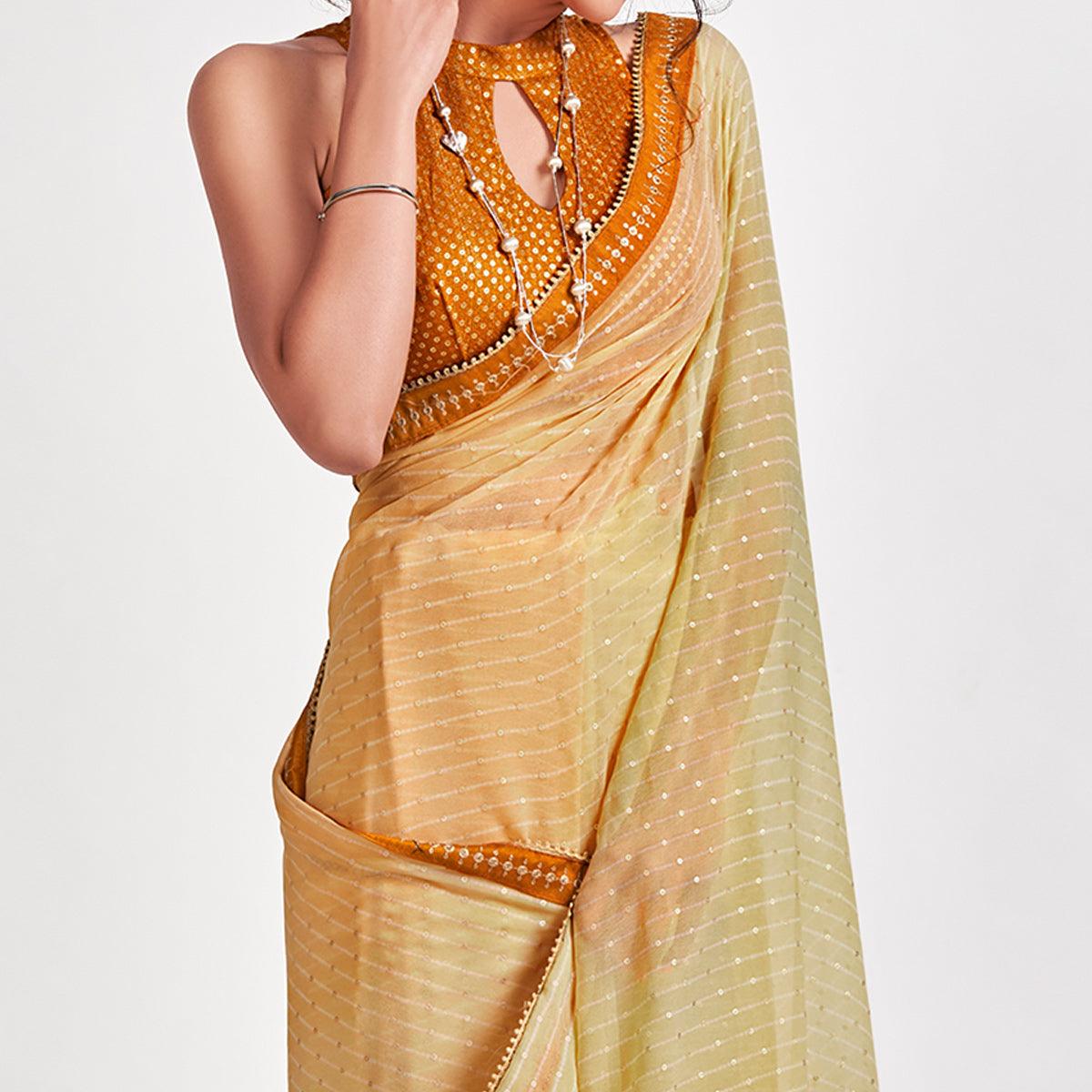Light Yellow Partywear Sequence Foil Printed Georgette Saree - Peachmode