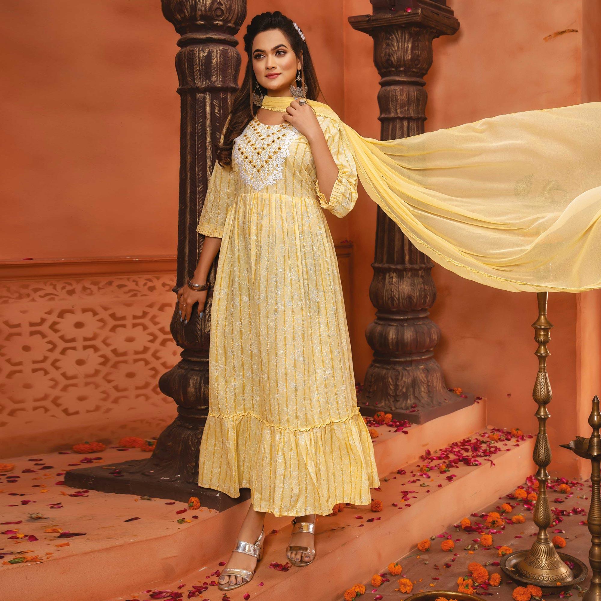 Light Yellow Printed-Embroidered Poly Cotton Gown With Dupatta - Peachmode