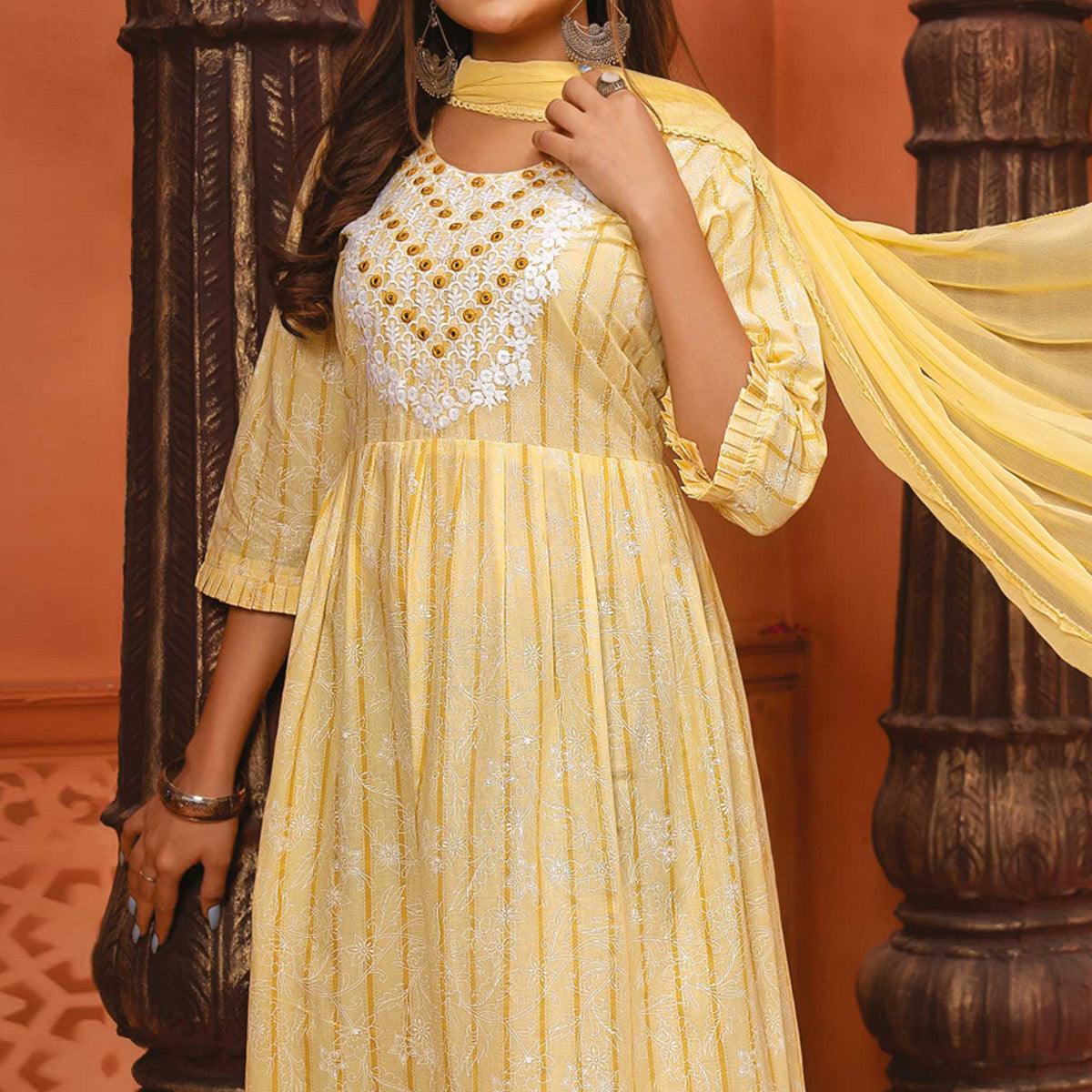 Light Yellow Printed-Embroidered Poly Cotton Gown With Dupatta - Peachmode