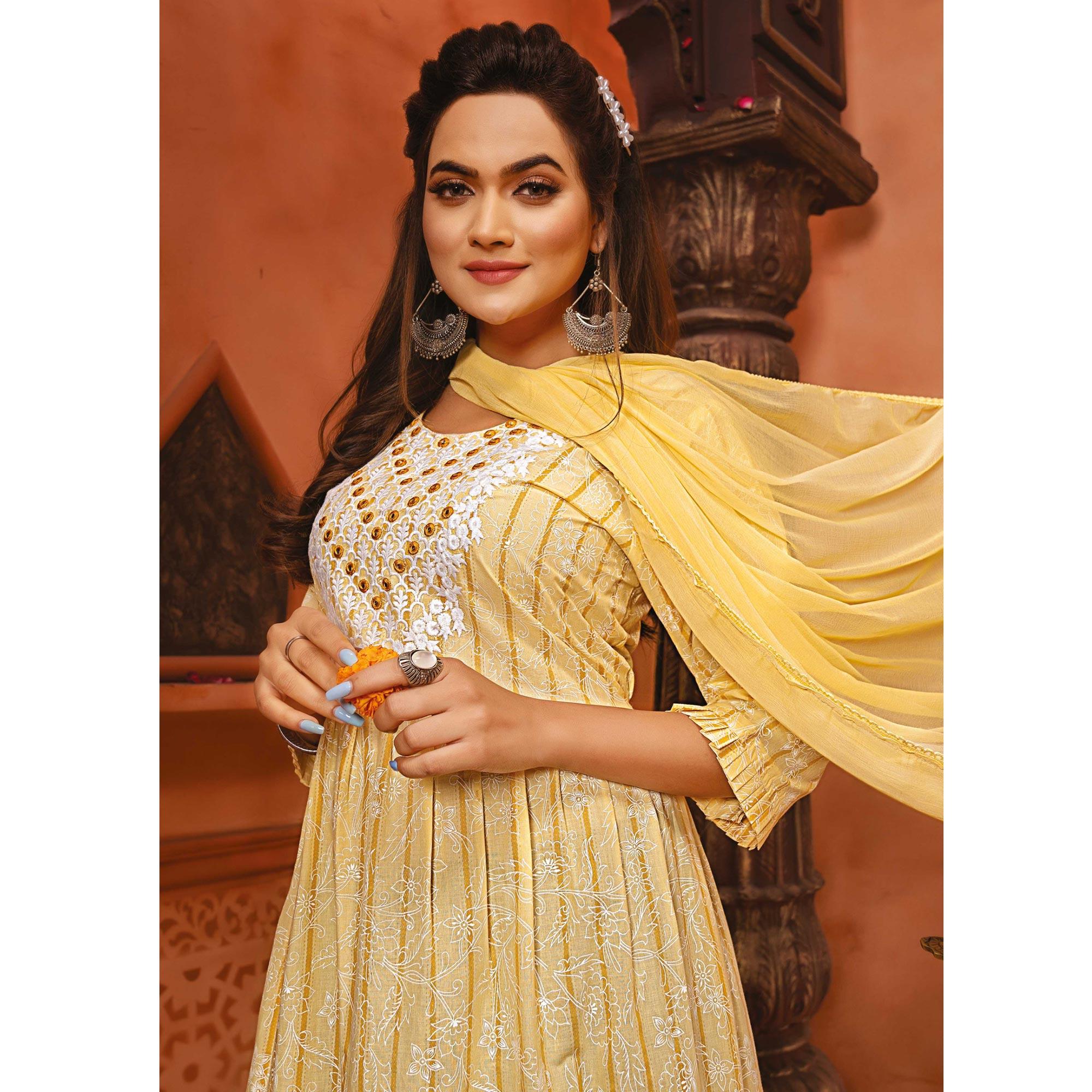 Light Yellow Printed-Embroidered Poly Cotton Gown With Dupatta - Peachmode