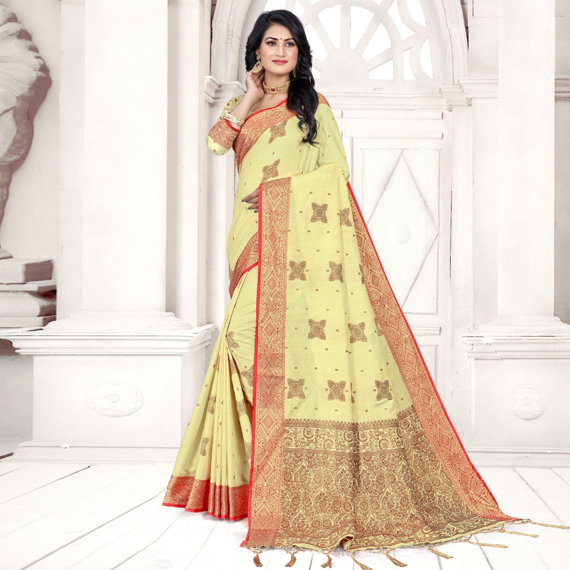Light Yellow Woven Cotton Silk Saree - Peachmode