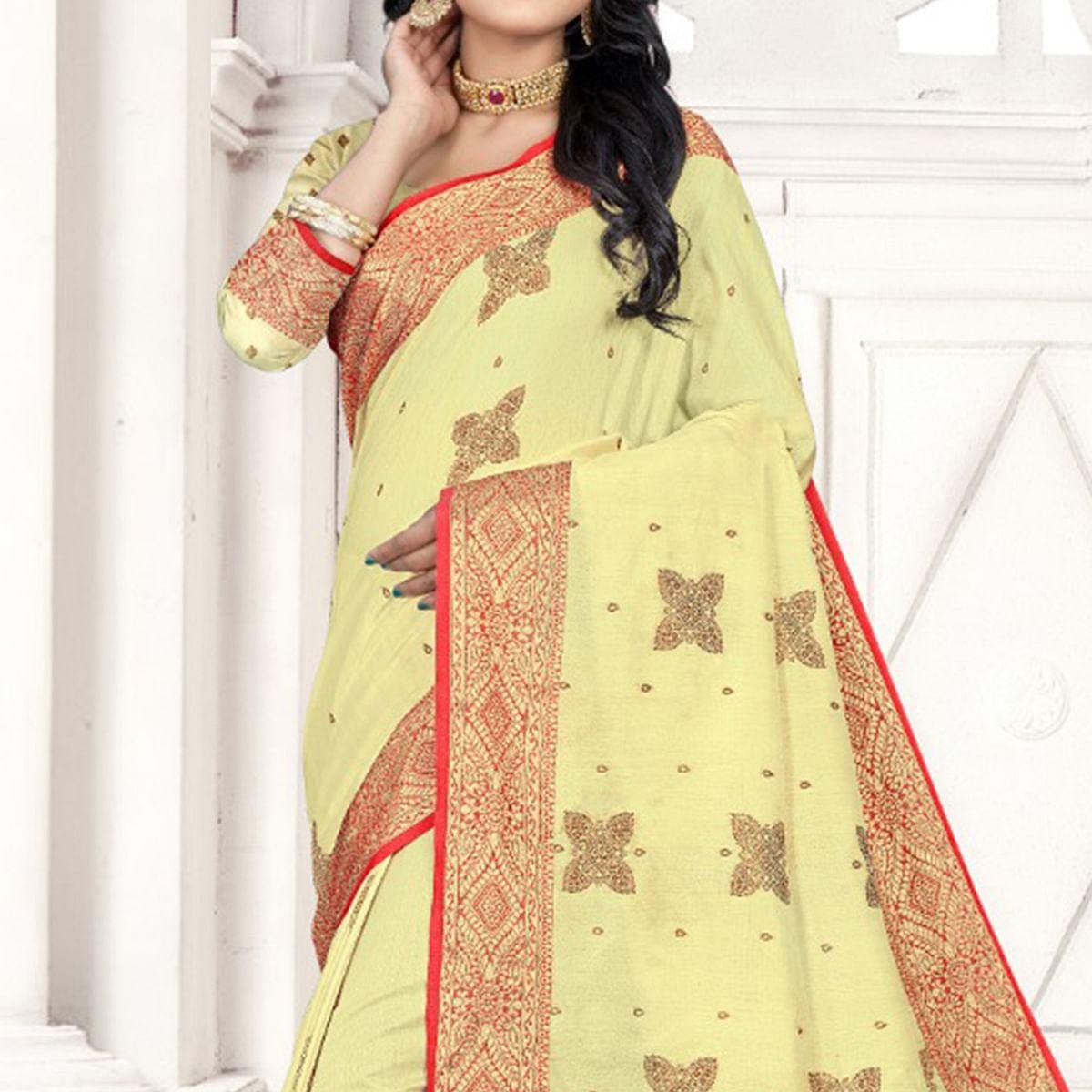Light Yellow Woven Cotton Silk Saree - Peachmode