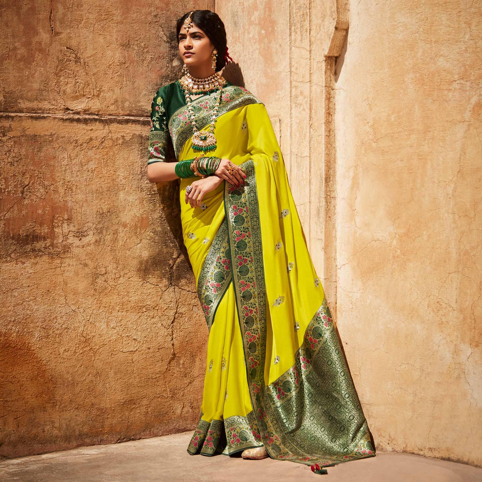 Lime Green Festive Wear Woven-Embroidered Silk Saree - Peachmode
