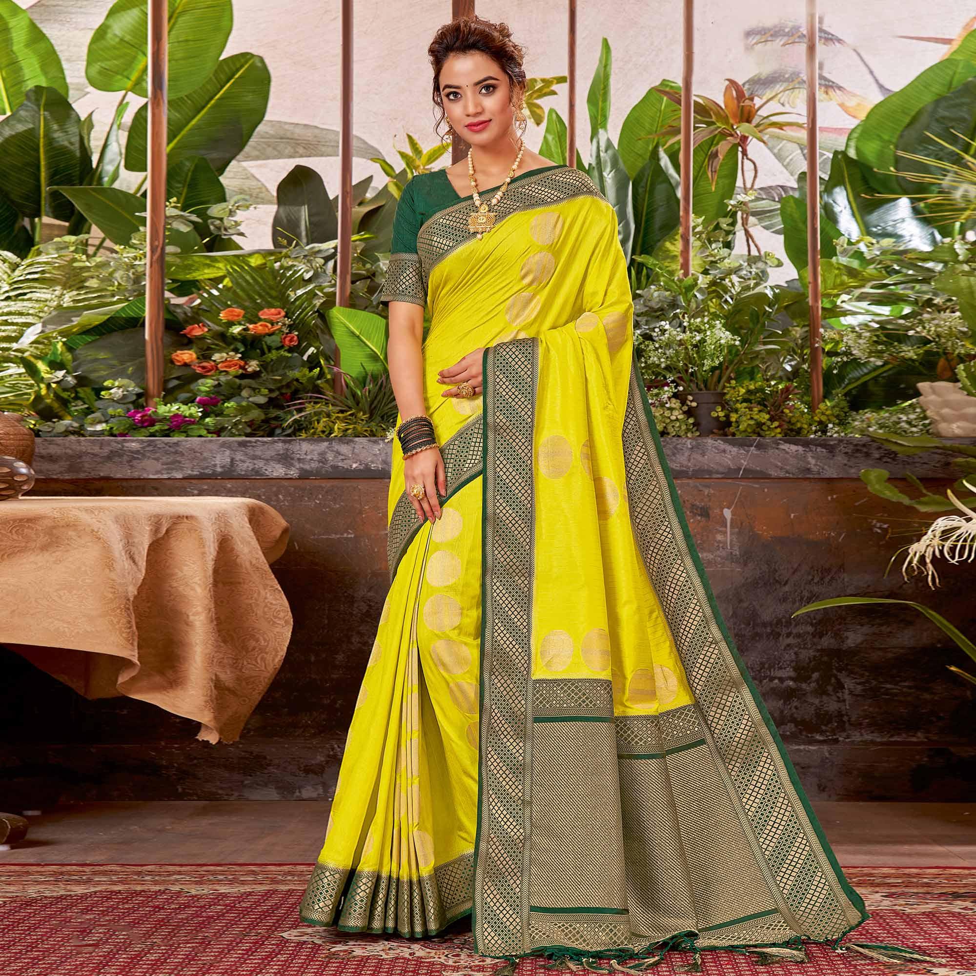 Lime Green Festive Wear Woven Silk Saree With Tassels - Peachmode