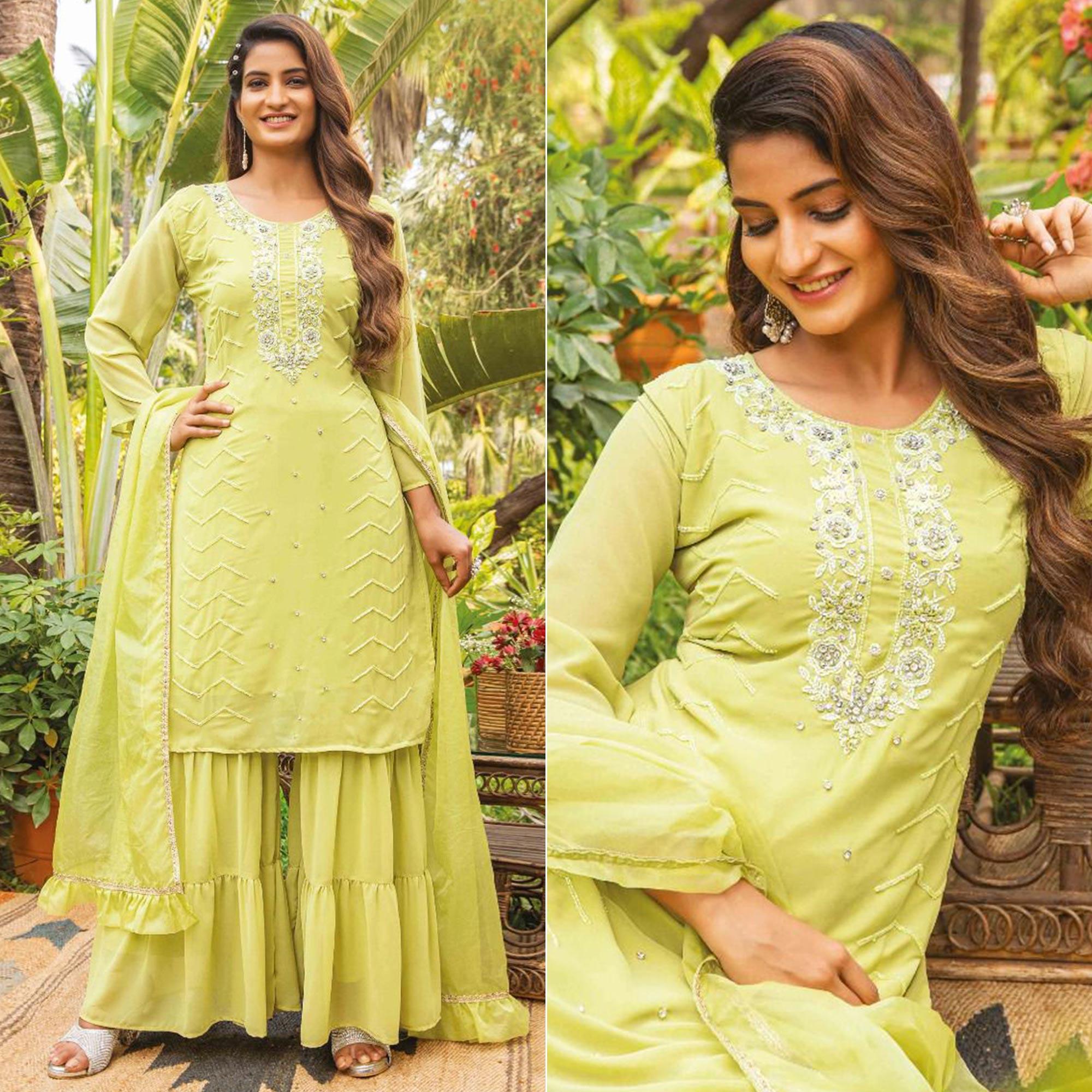 Lime Green Partywear Resham With Cutdana & Embellished Georgette Sharara Suit - Peachmode