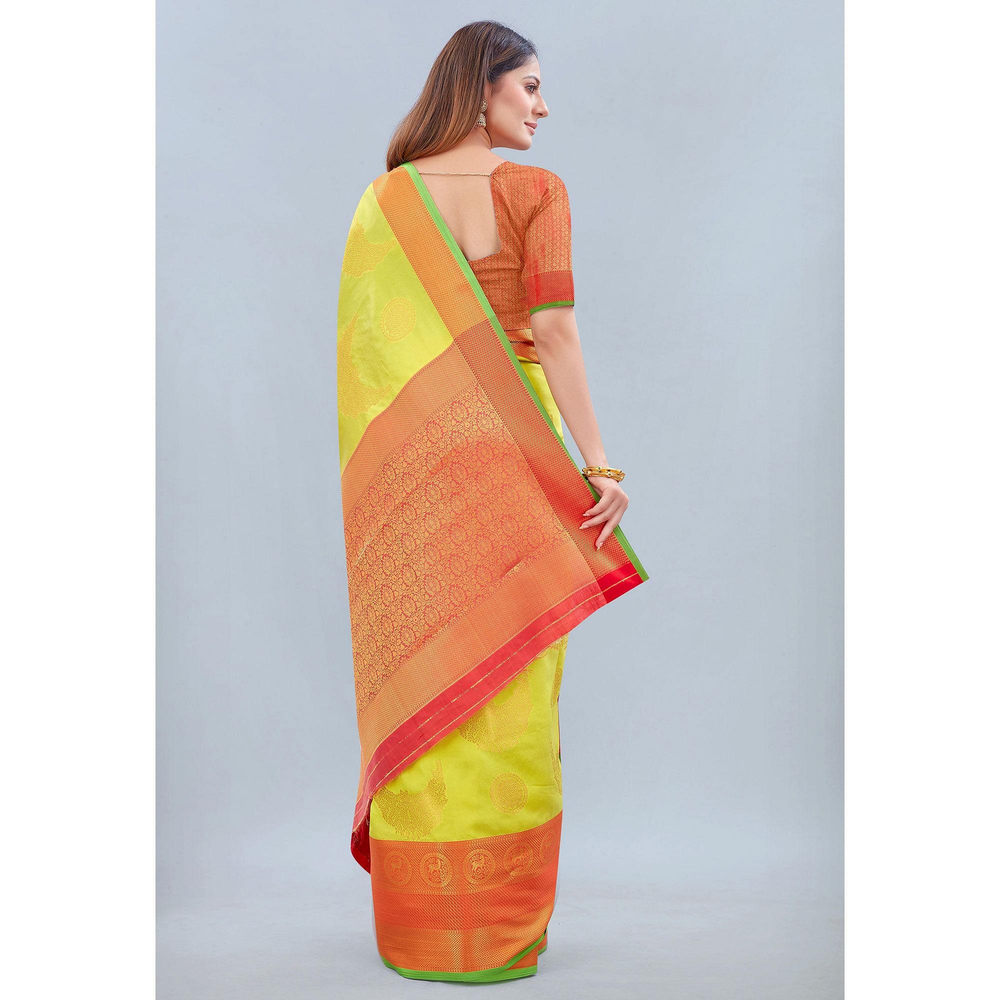 Lime Green Woven Banarasi Silk Saree - Peachmode