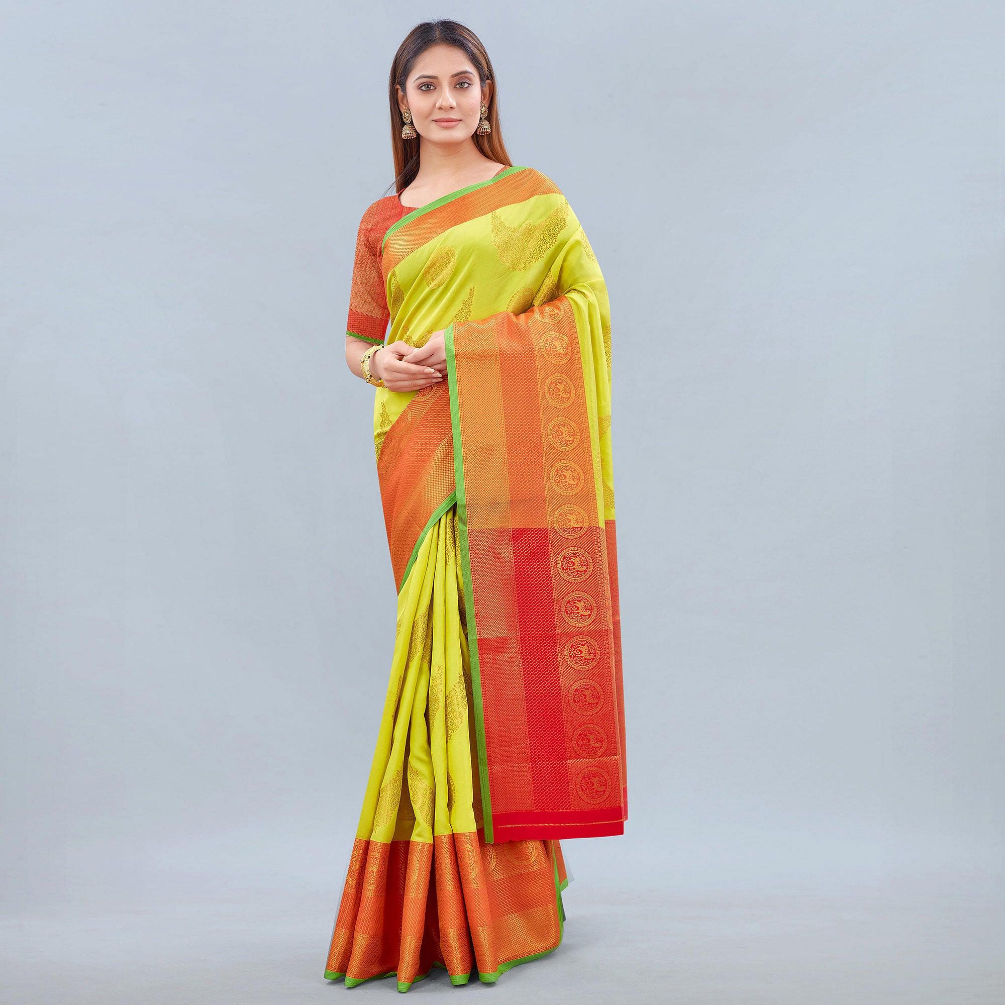 Lime Green Woven Banarasi Silk Saree - Peachmode