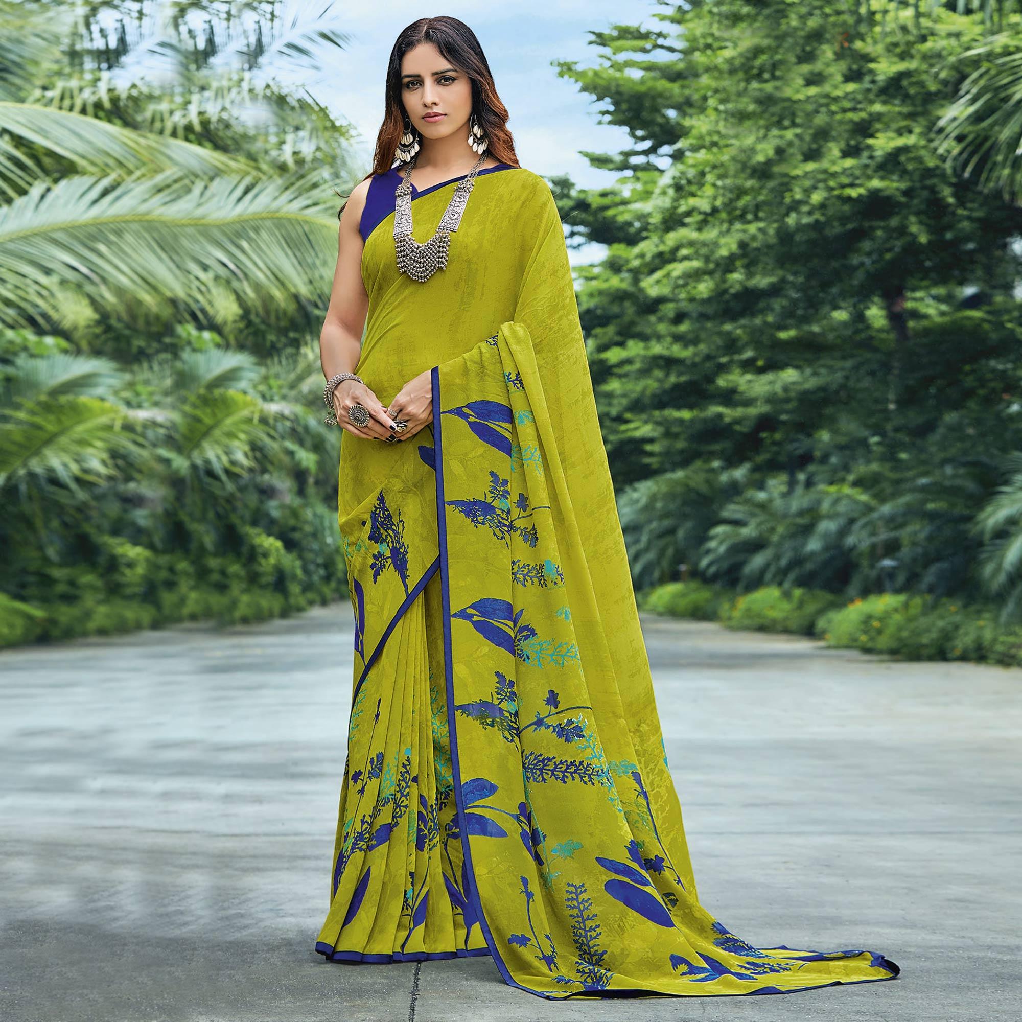Liril Green Casual Wear Floral Printed Georgette Saree - Peachmode