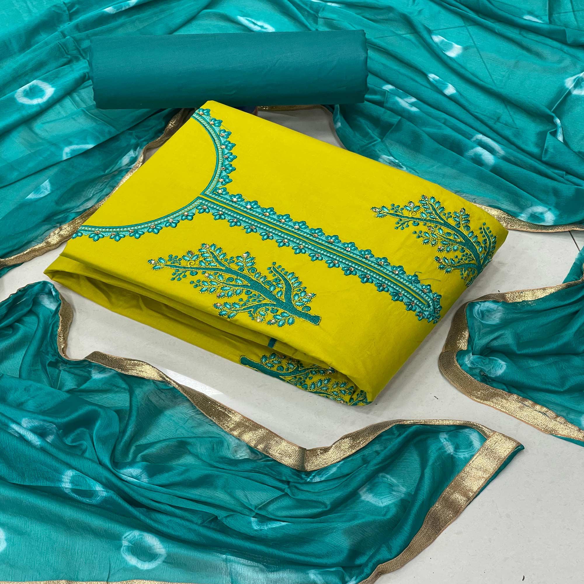 Liril Yellow Casual Wear Embroidered Cotton Dress Material - Peachmode