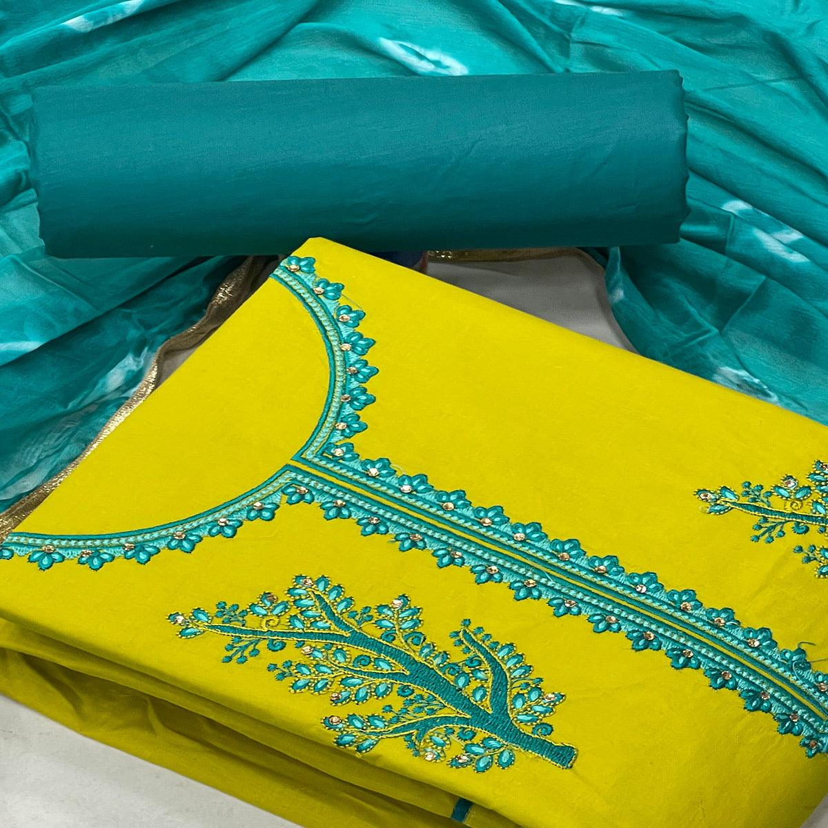 Liril Yellow Casual Wear Embroidered Cotton Dress Material - Peachmode
