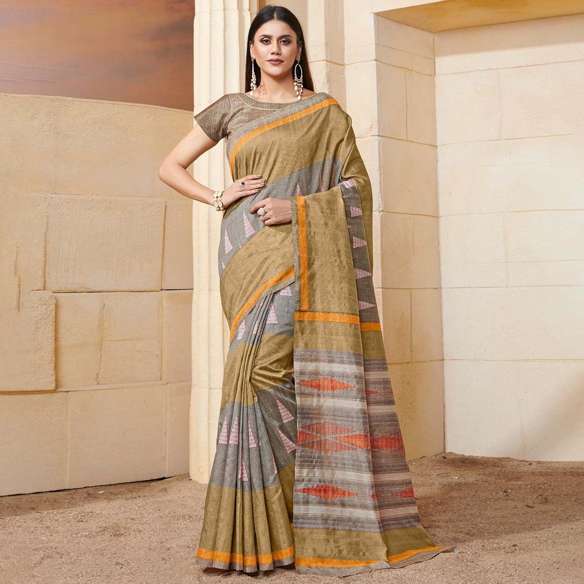 Lovely Beige Colored Casual Wear Printed Bhagalpuri Silk Saree - Peachmode