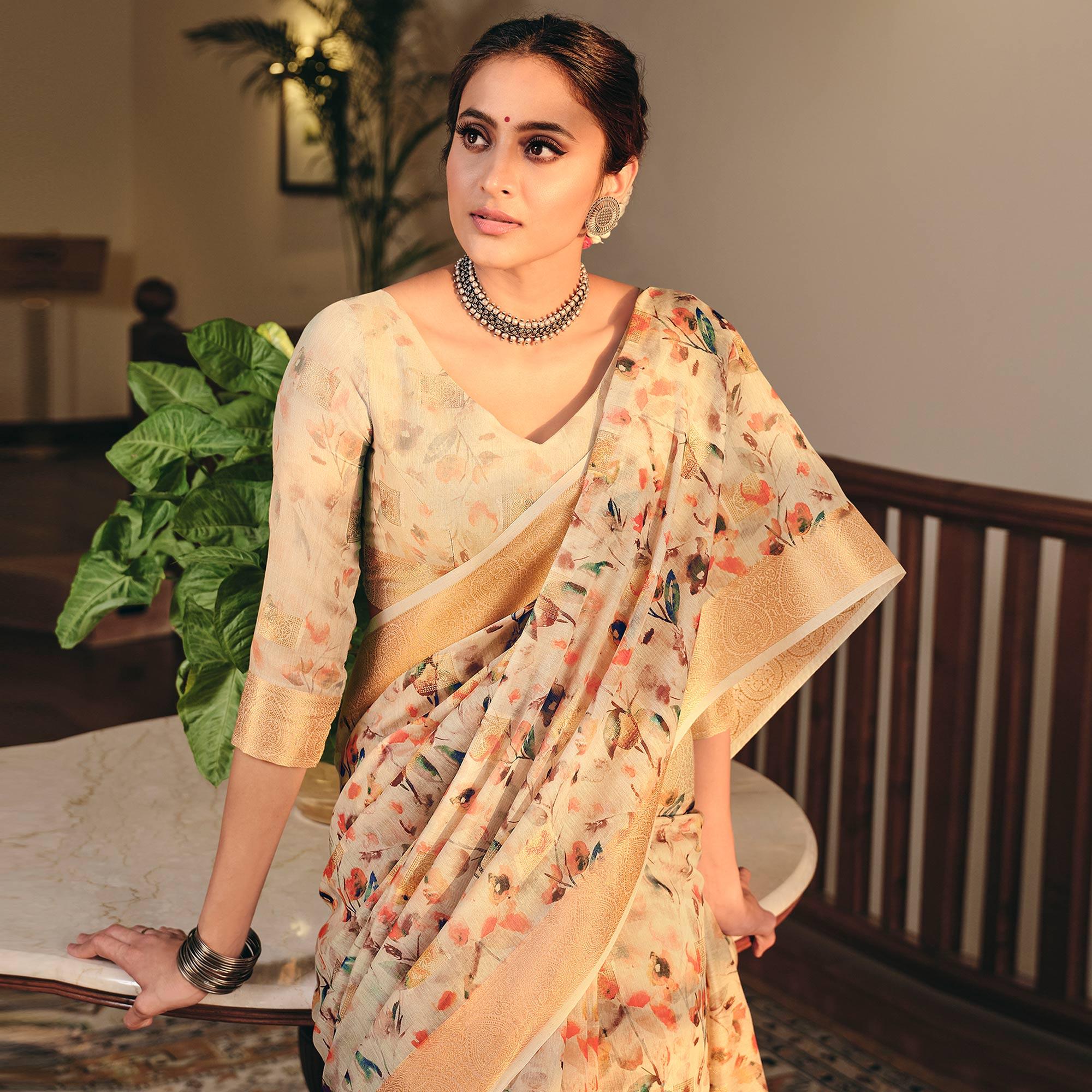 Lovely Beige Colored Party Wear Digital Printed Linen Saree - Peachmode