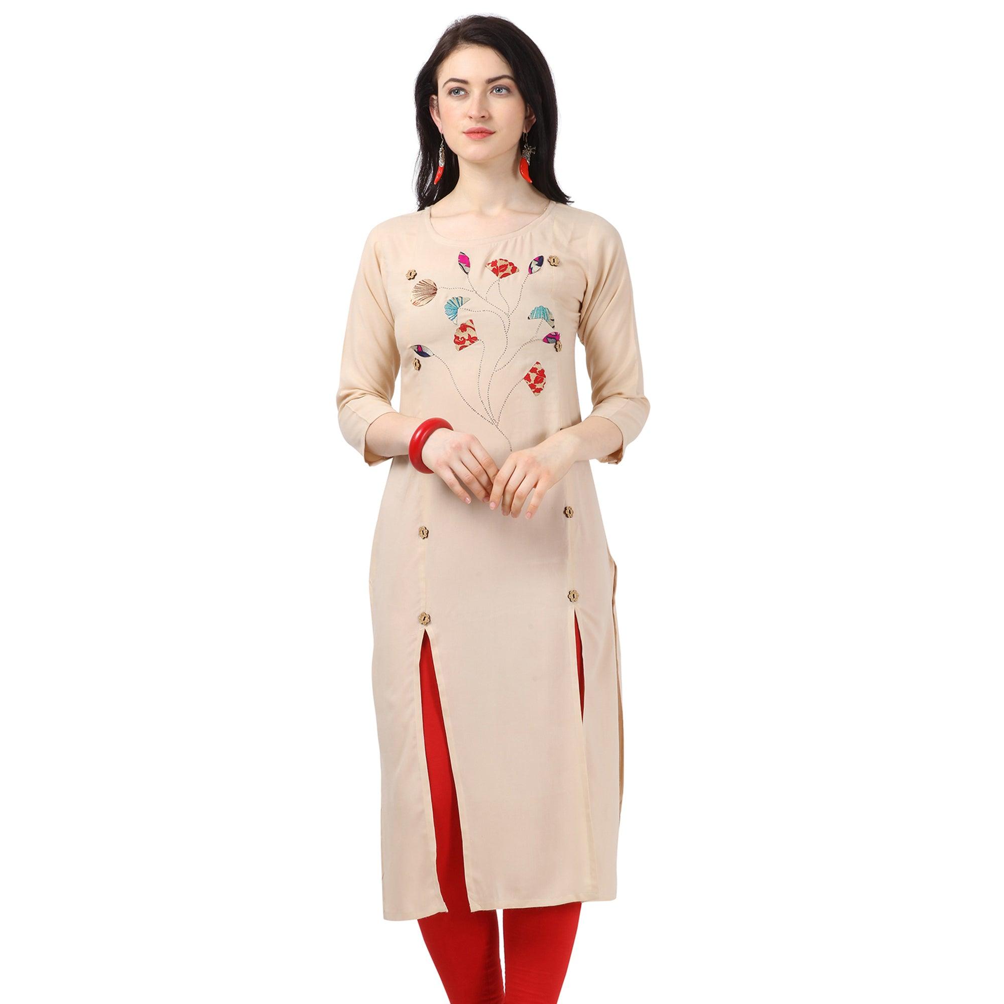 Lovely Beige Colored Partywear Embellished Rayon Kurti - Peachmode