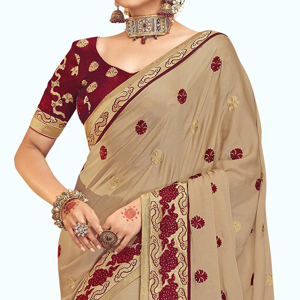 Lovely Beige Colored Partywear Embroidered Chinon Silk Saree - Peachmode