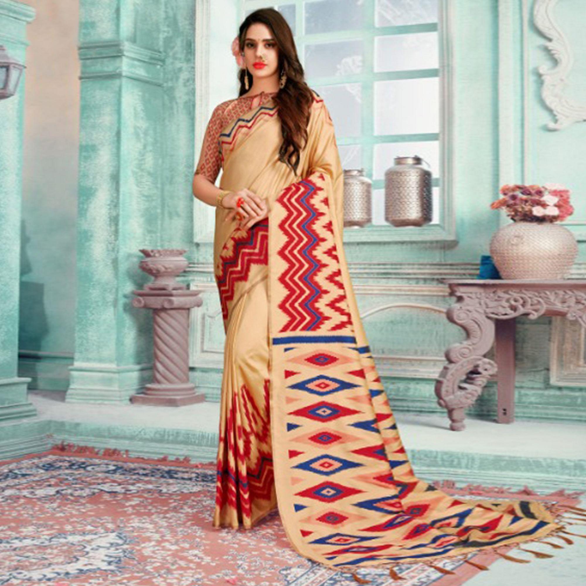 Lovely Beige-Red Colored Festive Wear Printed Cotton Silk Saree With Tassels - Peachmode