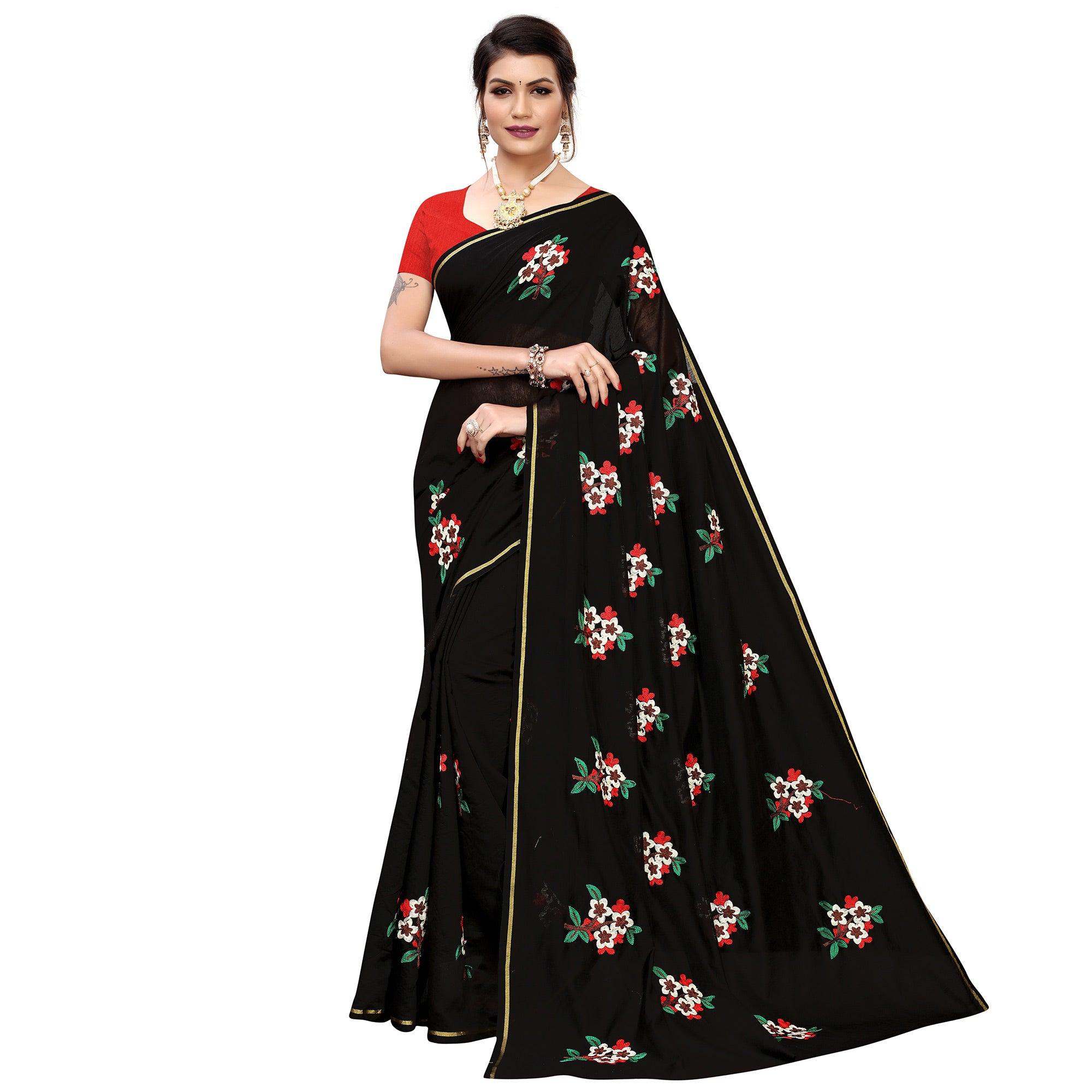 Lovely Black Colored Partywear Embroidered Chanderi Silk Saree - Peachmode