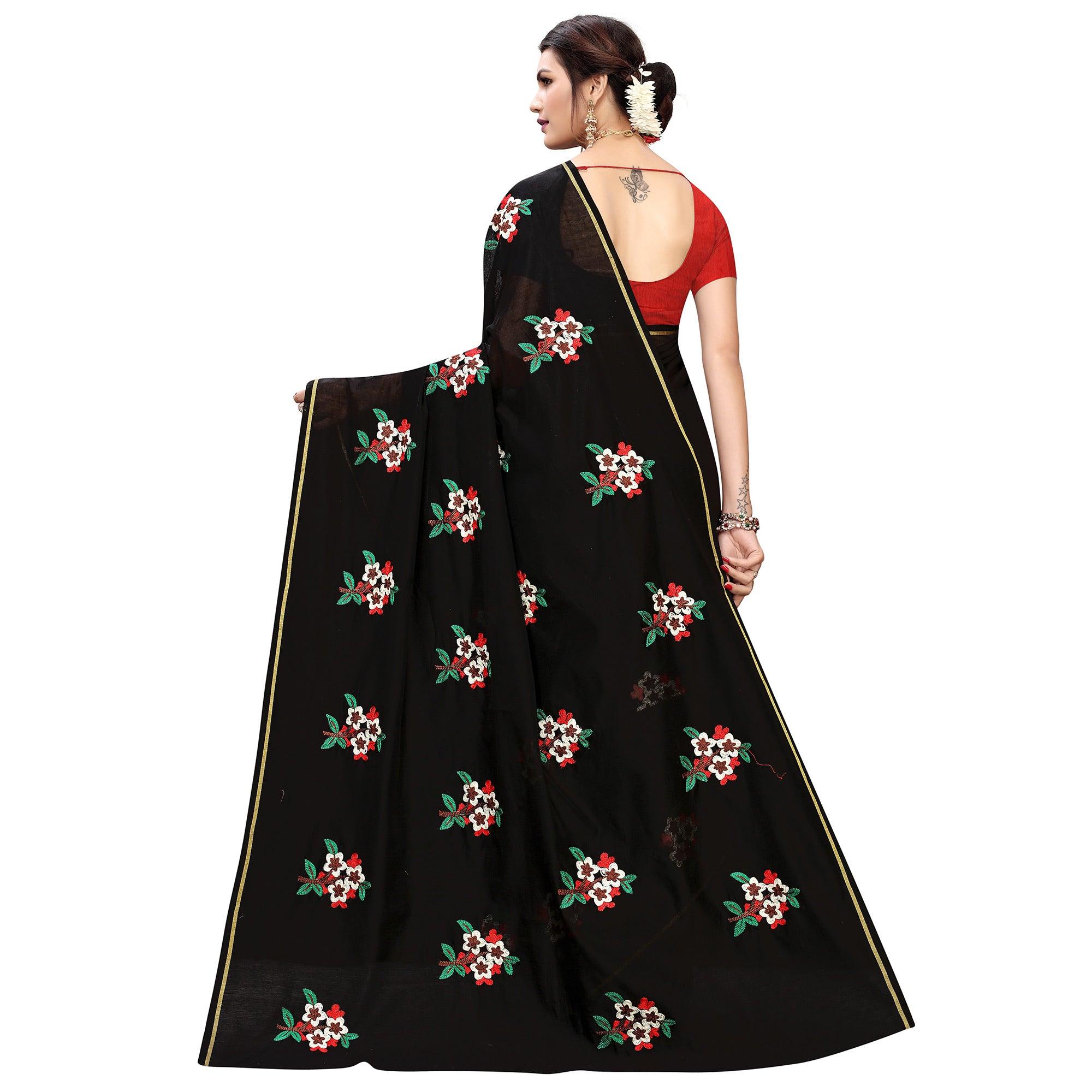 Lovely Black Colored Partywear Embroidered Chanderi Silk Saree - Peachmode