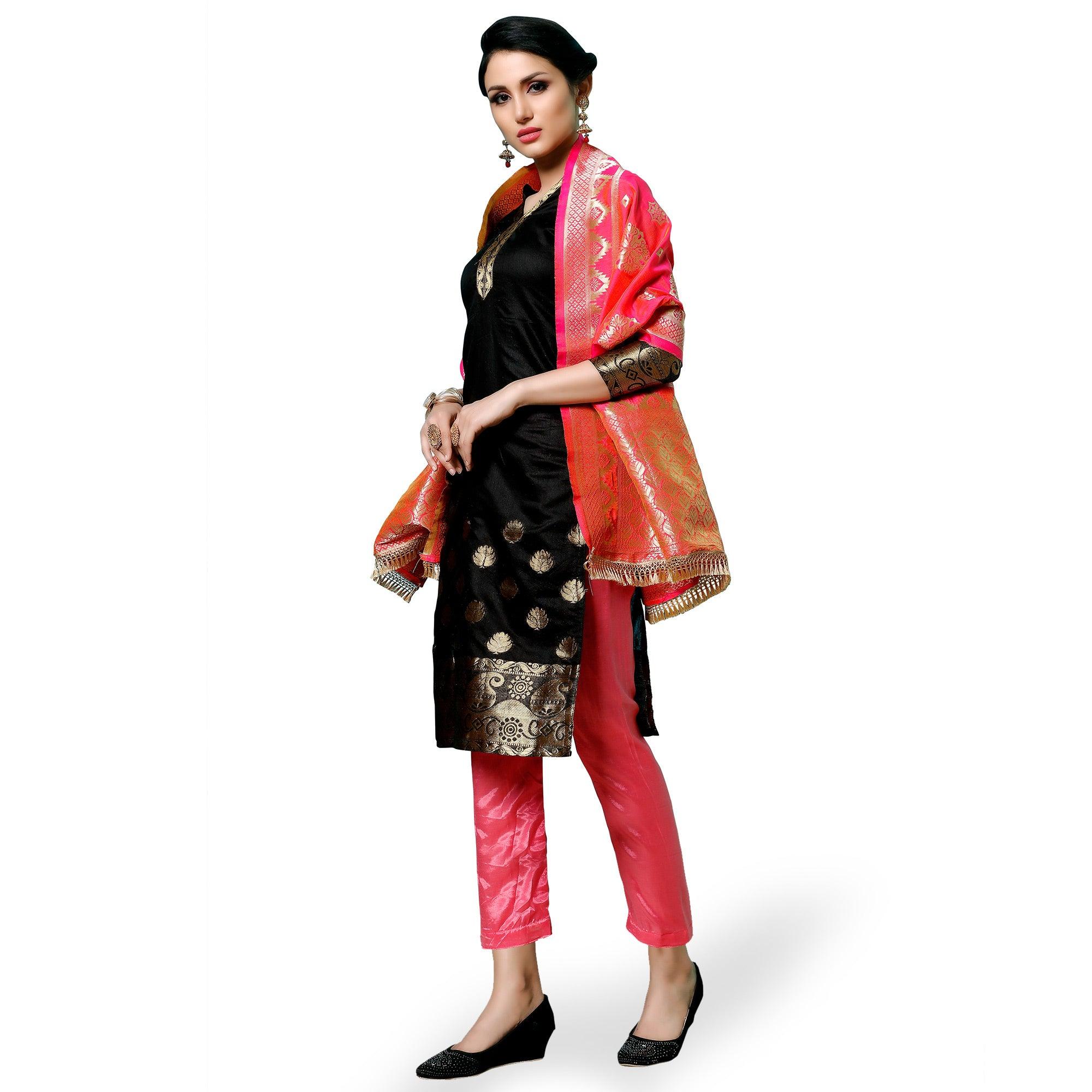 Lovely Black Colored Partywear Woven Cotton Dress Material - Peachmode