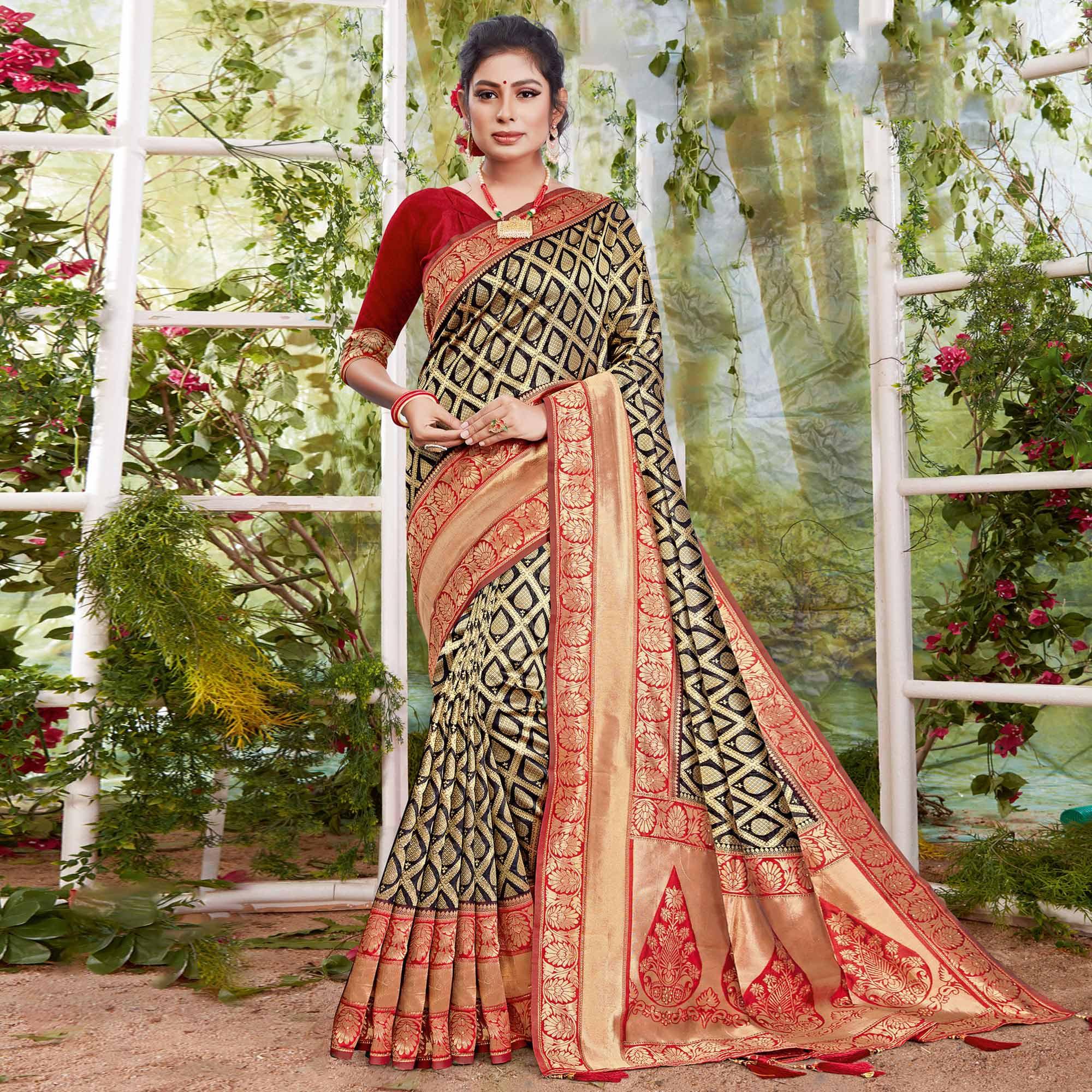 Lovely Black Coloured Partywear Printed Silk Saree - Peachmode