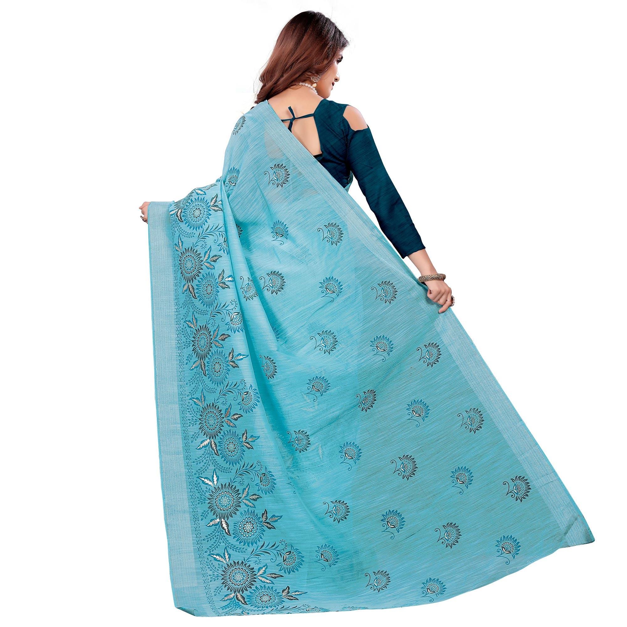 Lovely Blue Colored Casual Wear Printed Cotton Saree - Peachmode
