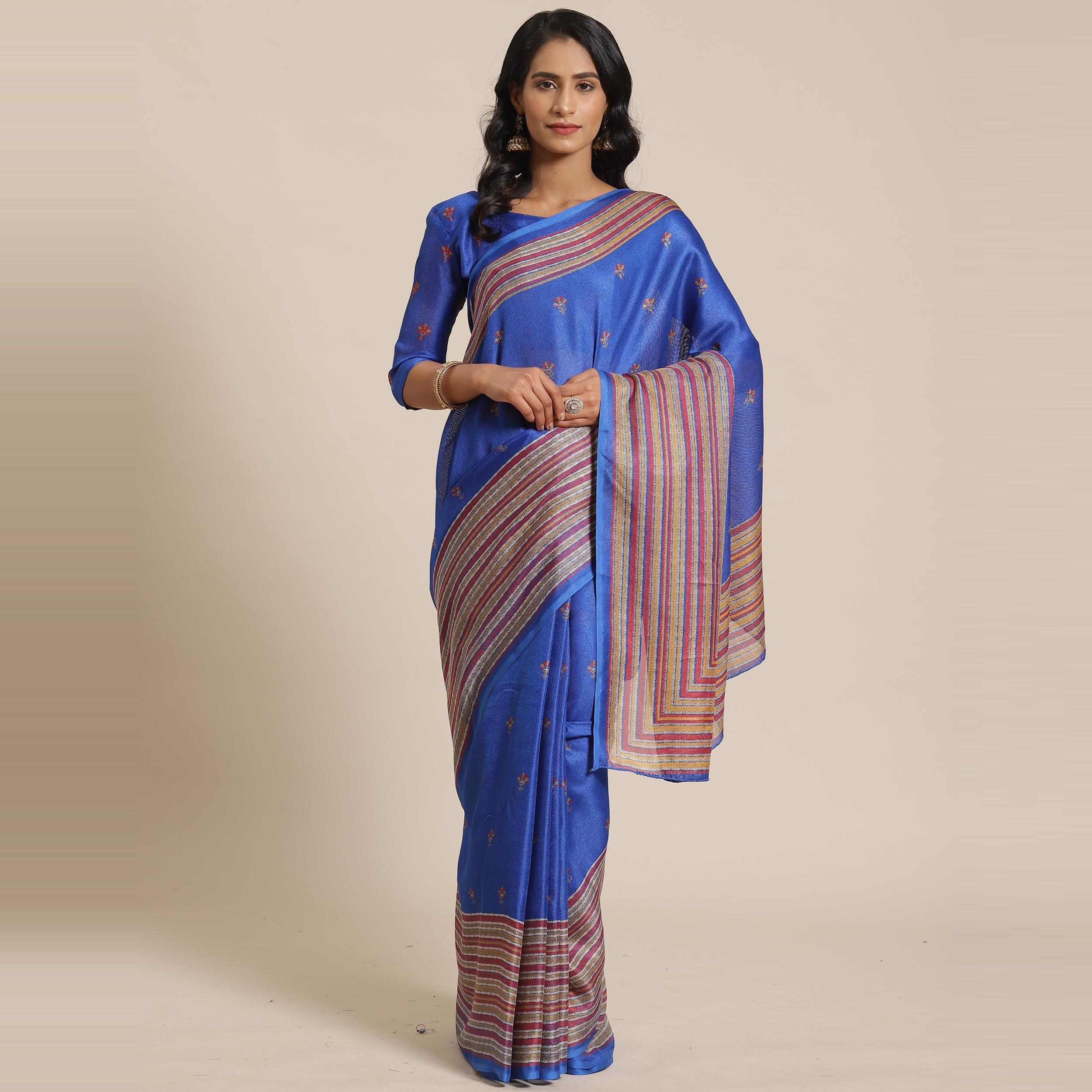 Lovely Blue Colored Casual Wear Printed Jute Silk Saree - Peachmode