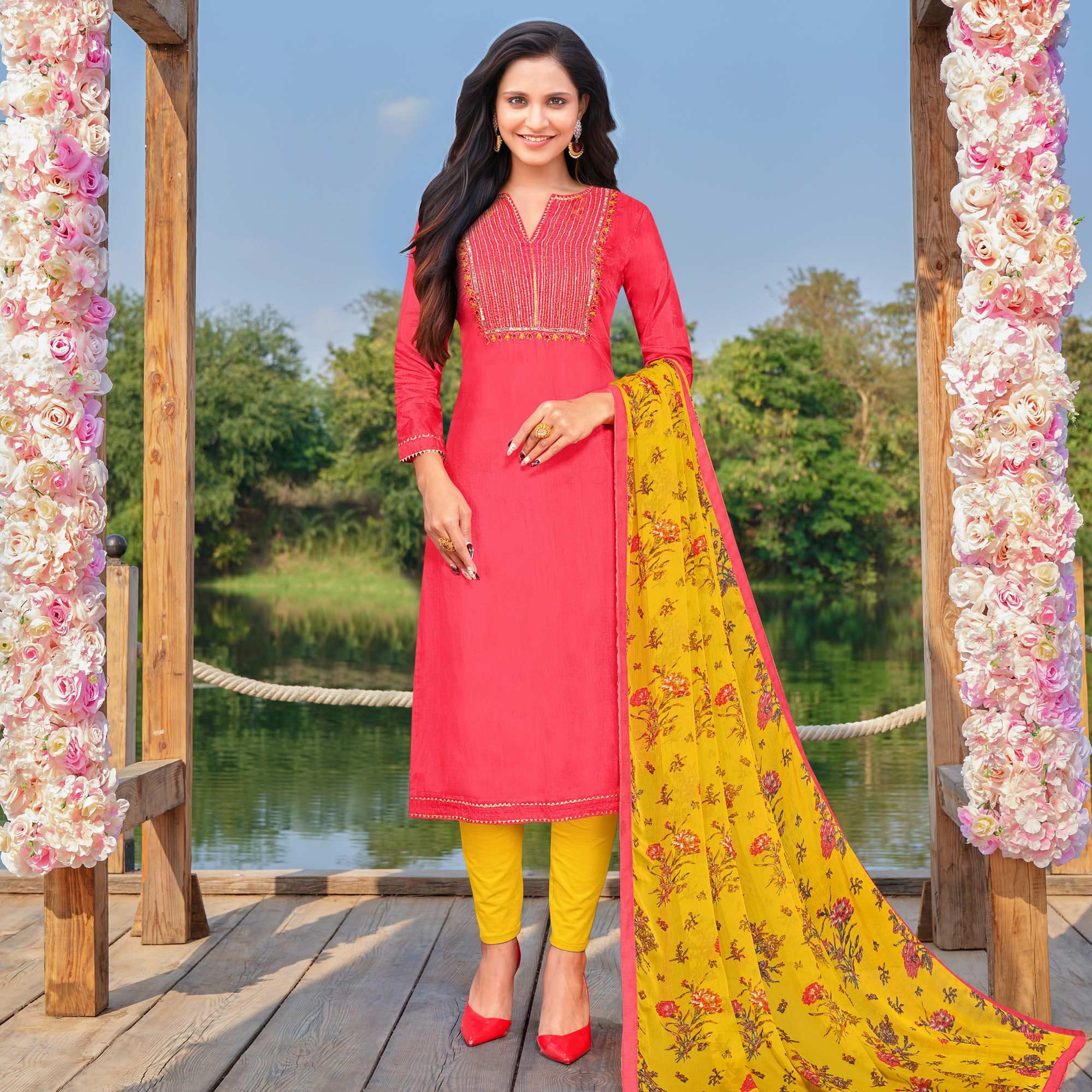 Lovely Dark Peach Colored Partywear Embroidered Modal Cotton Dress Material - Peachmode