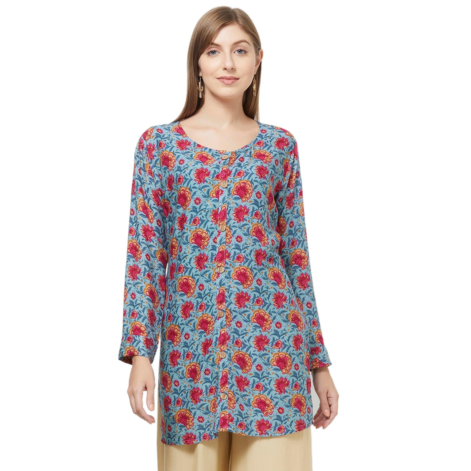 Lovely Gray Colored Casual Printed Rayon Western Top - Peachmode