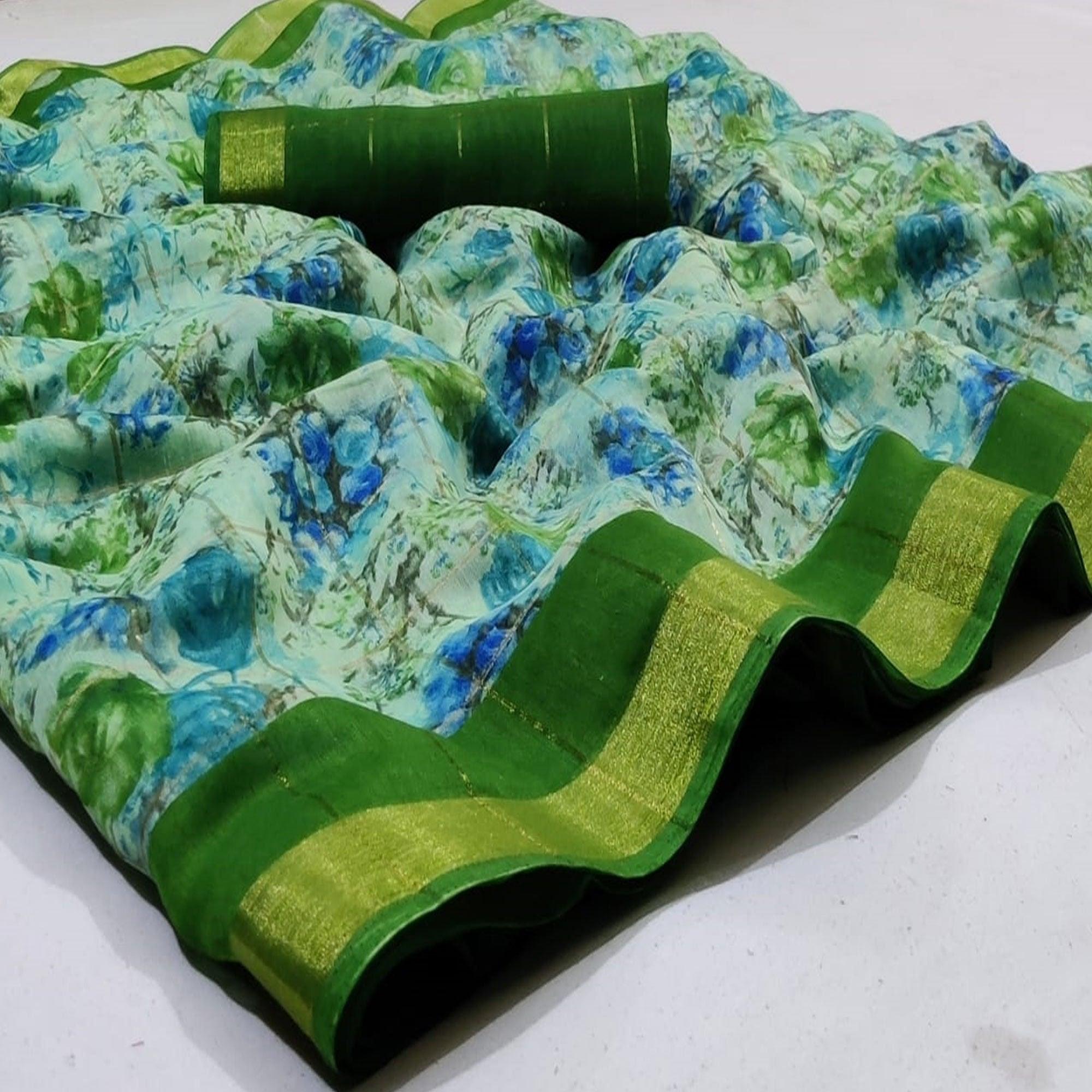 Lovely Green Colored Casual Wear Fancy Printed Cotton Saree - Peachmode