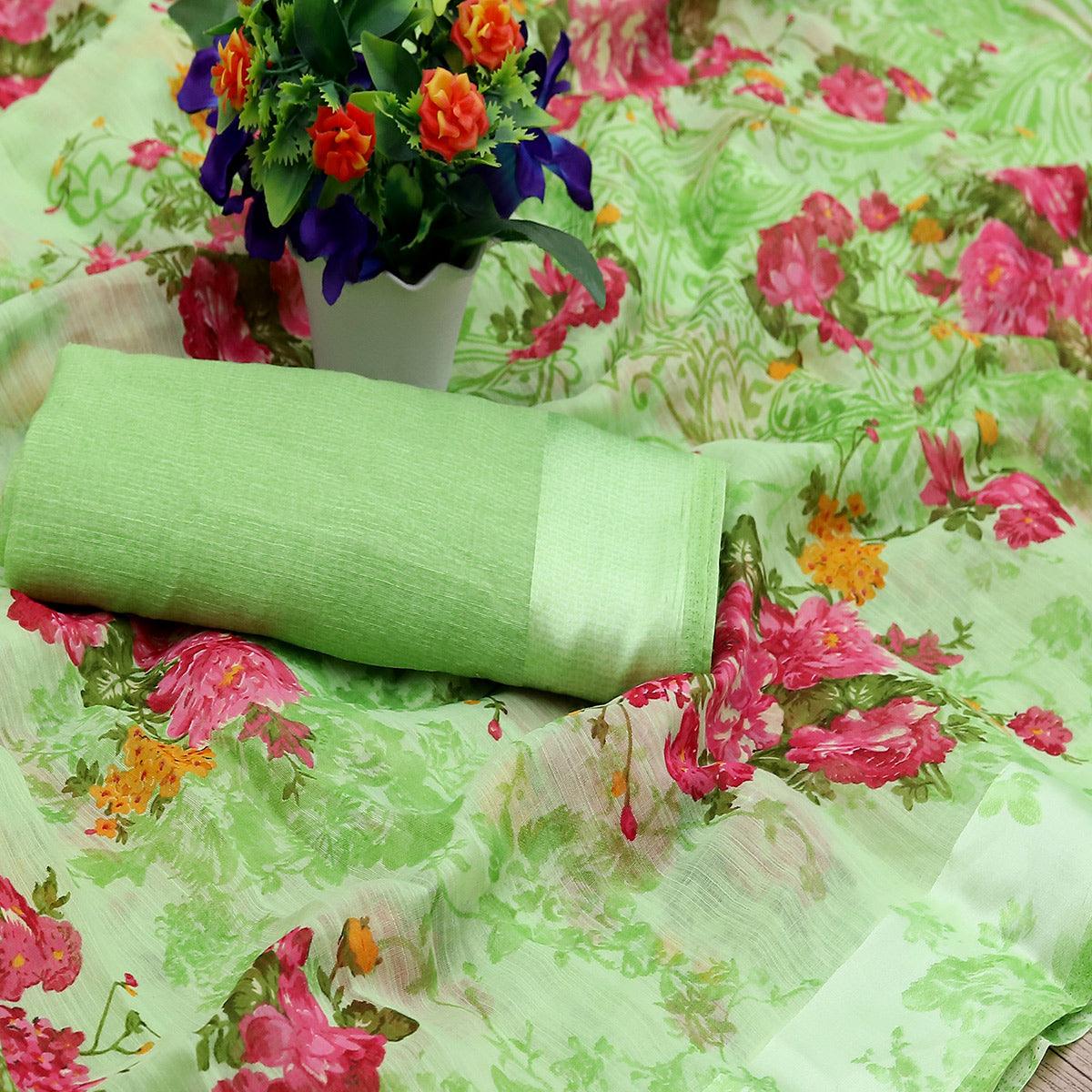 Lovely Green Colored Casual Wear Floral Printed Cotton Blend Saree - Peachmode