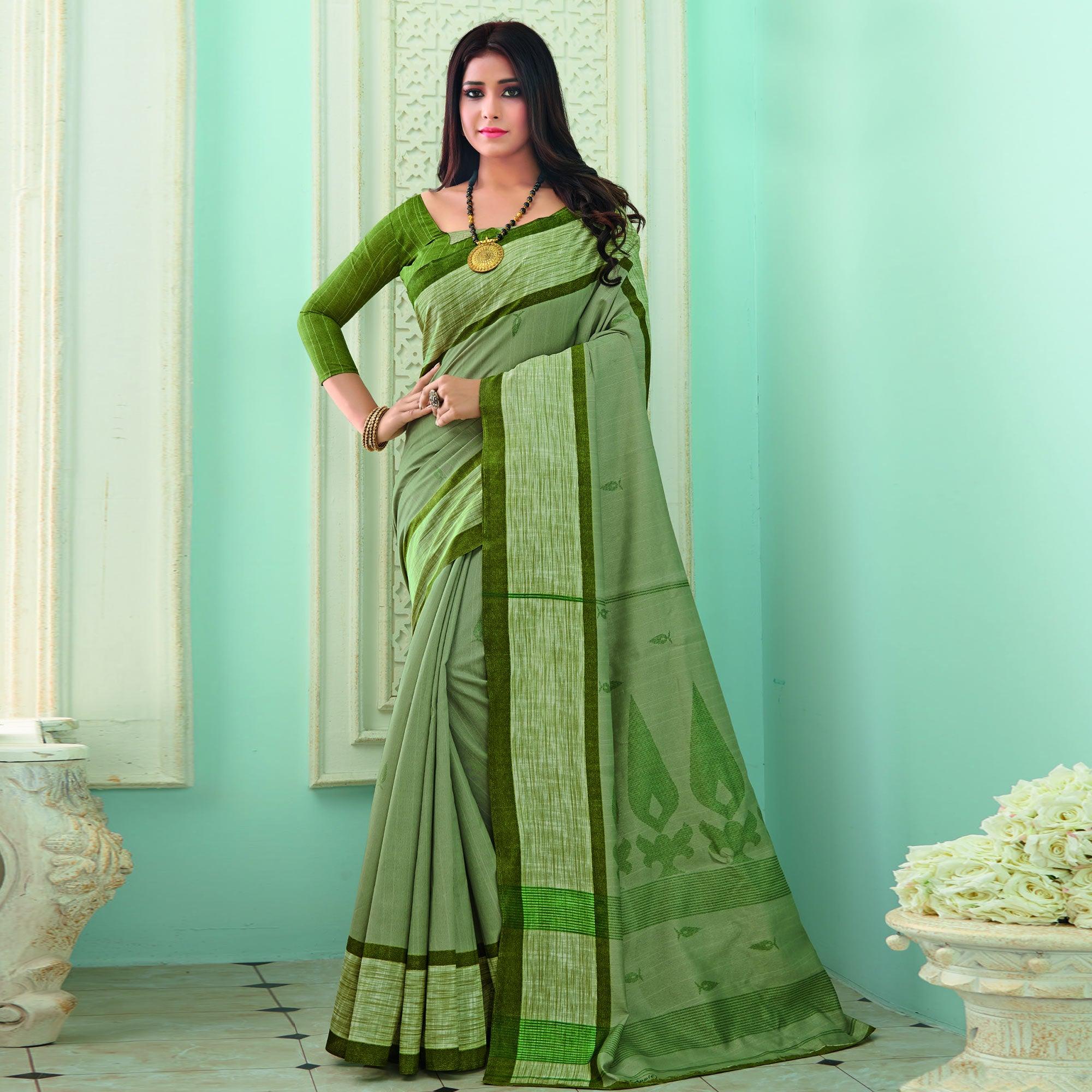 Lovely Green Colored Casual Wear Printed Bhagalpuri Saree - Peachmode