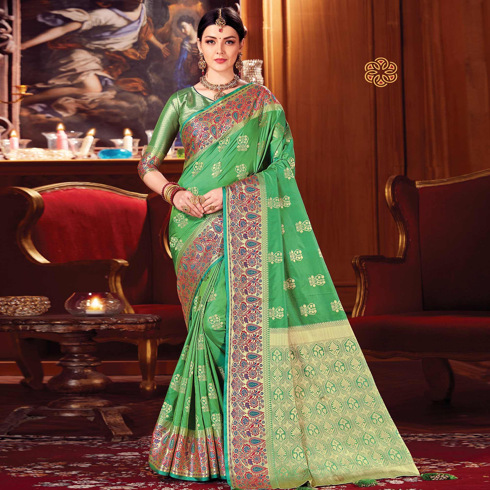Lovely Green Colored Festive Wear Woven Silk Saree - Peachmode
