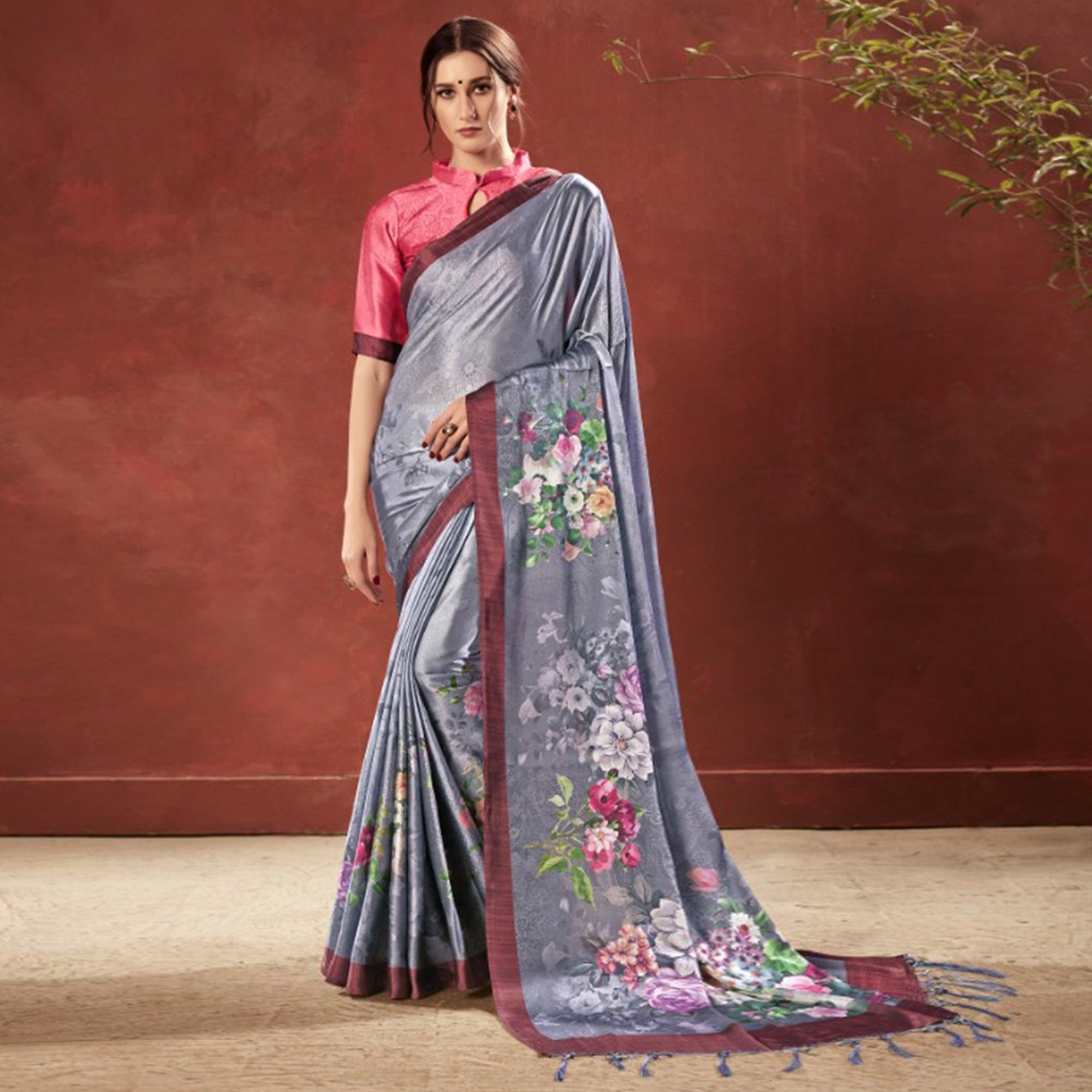 Lovely Grey Colored Casual Wear Printed Satin Crepe Saree With Tassels - Peachmode