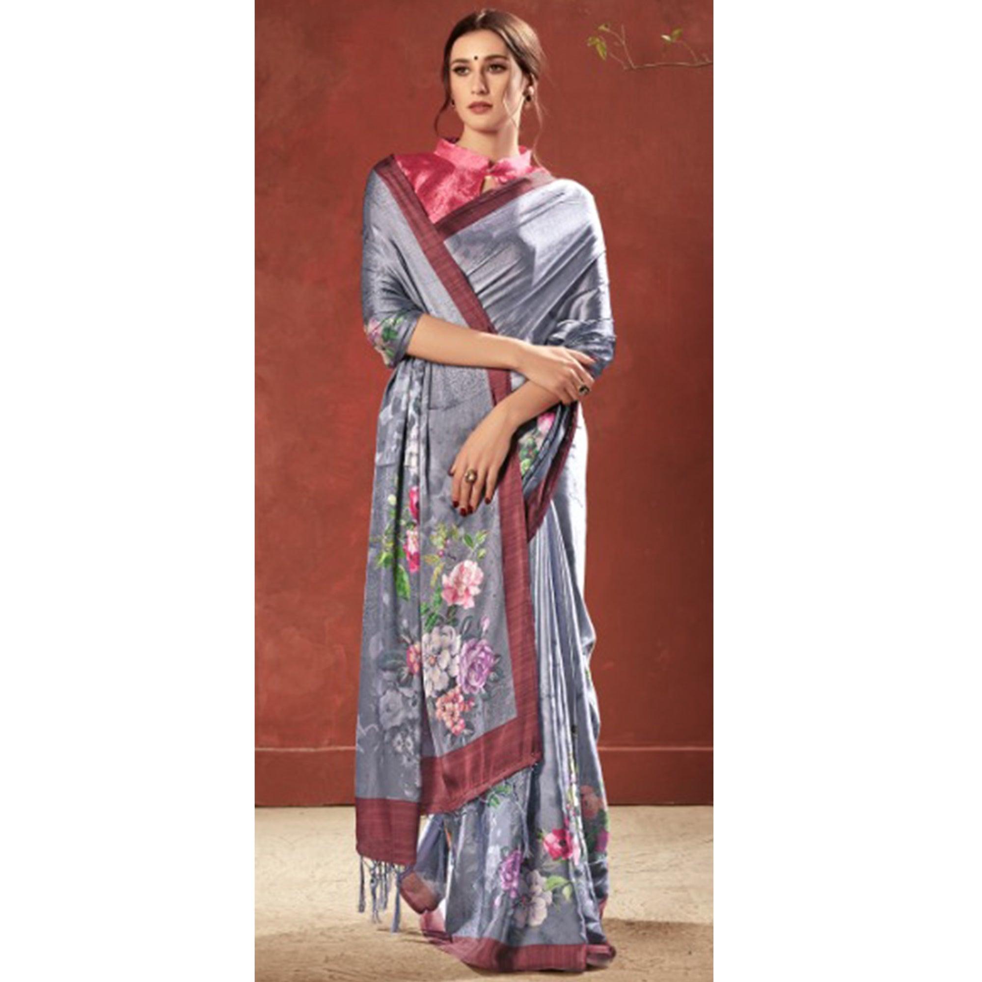 Lovely Grey Colored Casual Wear Printed Satin Crepe Saree With Tassels - Peachmode