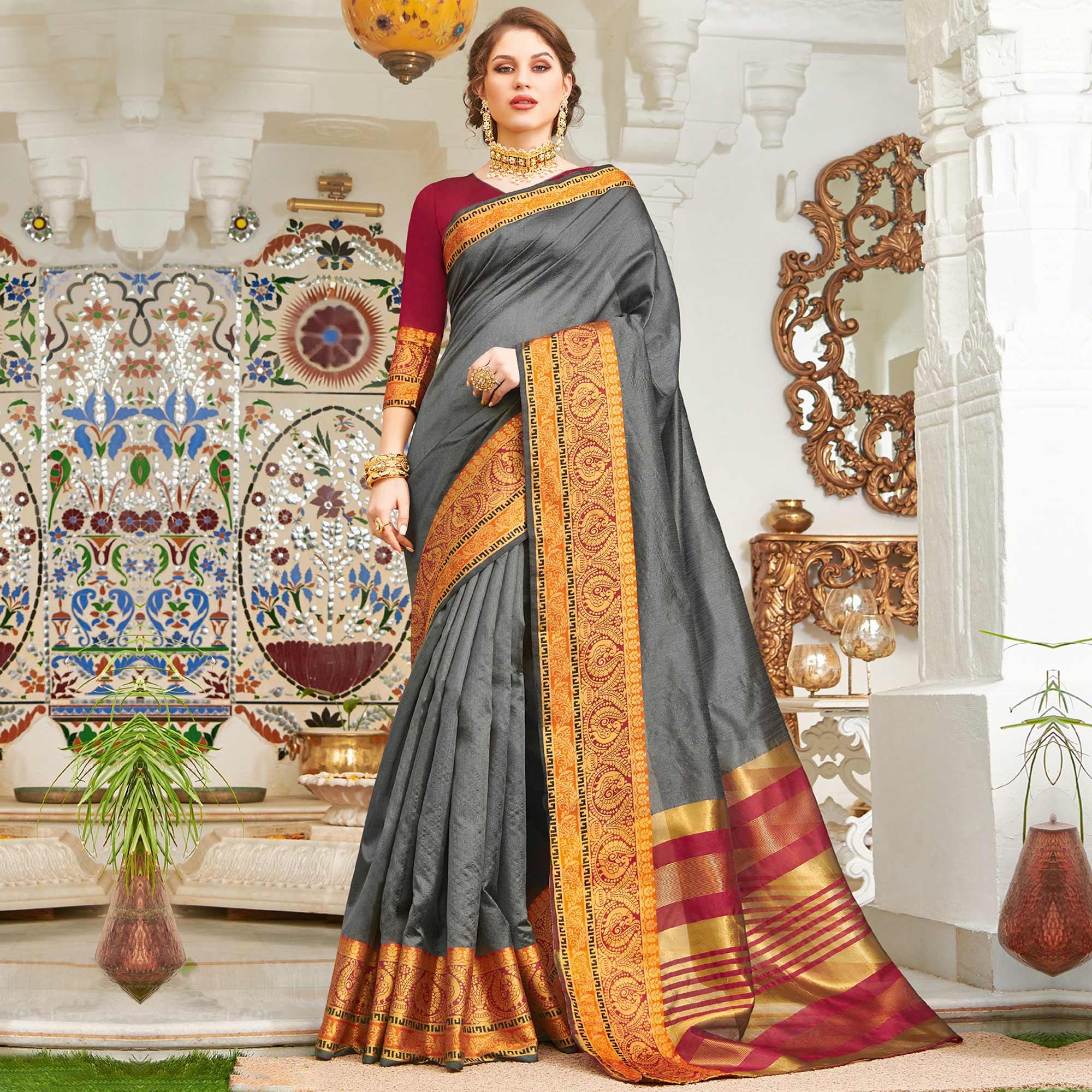 Lovely Grey Colored Festive Wear Woven Handloom Silk Saree - Peachmode
