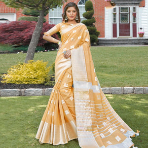 Lovely Light Orange Colored Festive Wear Woven Linen Cotton Sareee - Peachmode