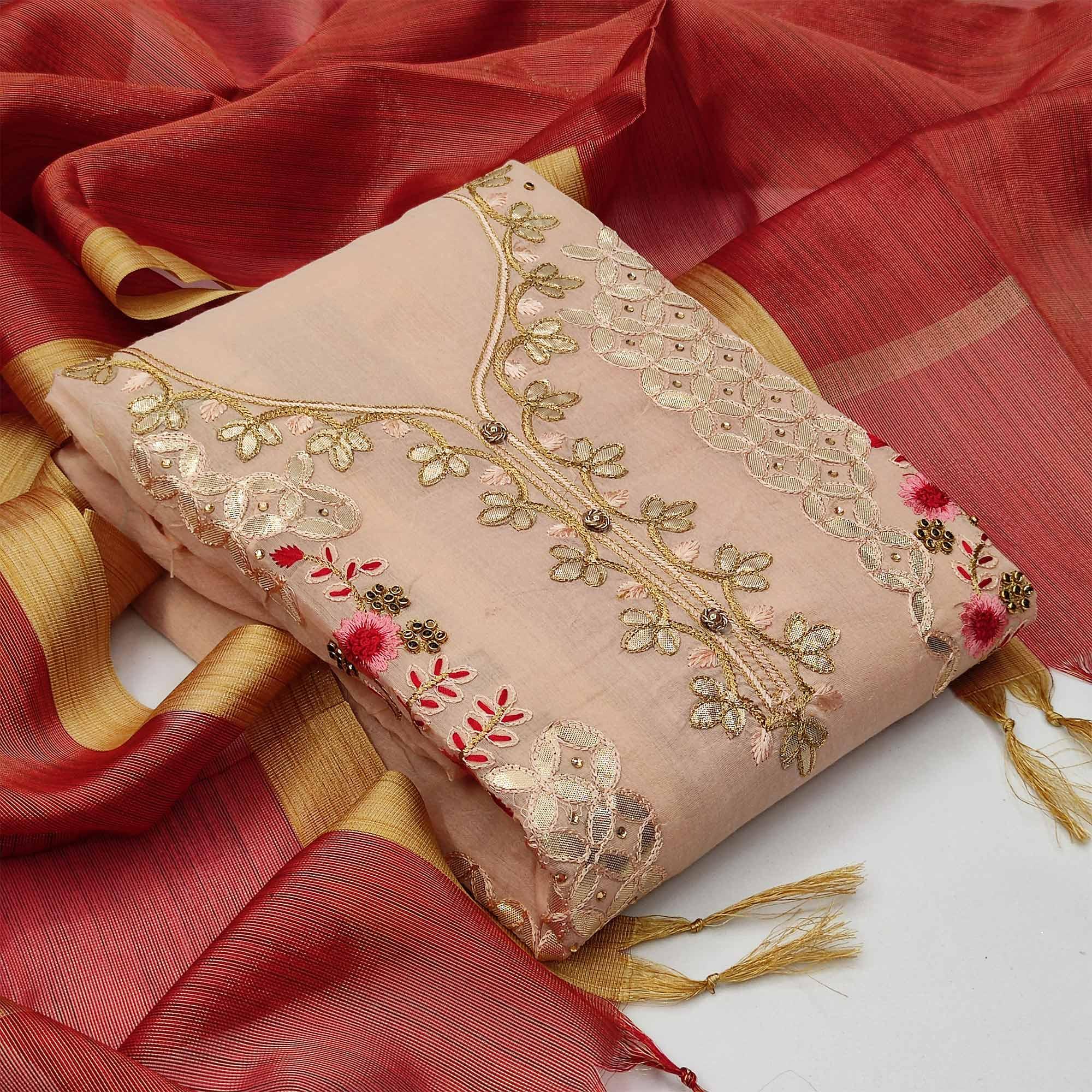 Lovely Light Peach Colored Casual Embroidered Modal Chanderi Dress Material - Peachmode
