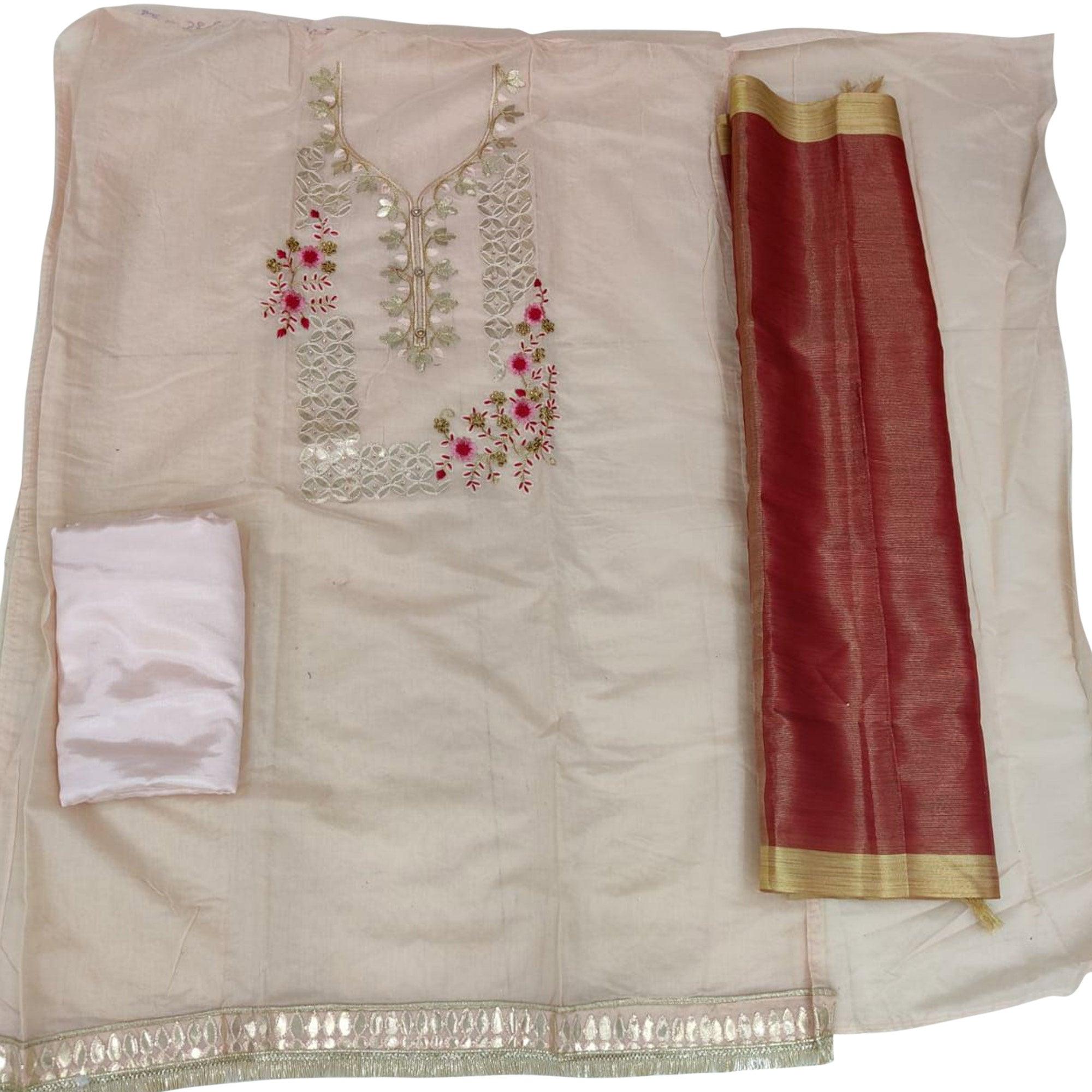 Lovely Light Peach Colored Casual Embroidered Modal Chanderi Dress Material - Peachmode