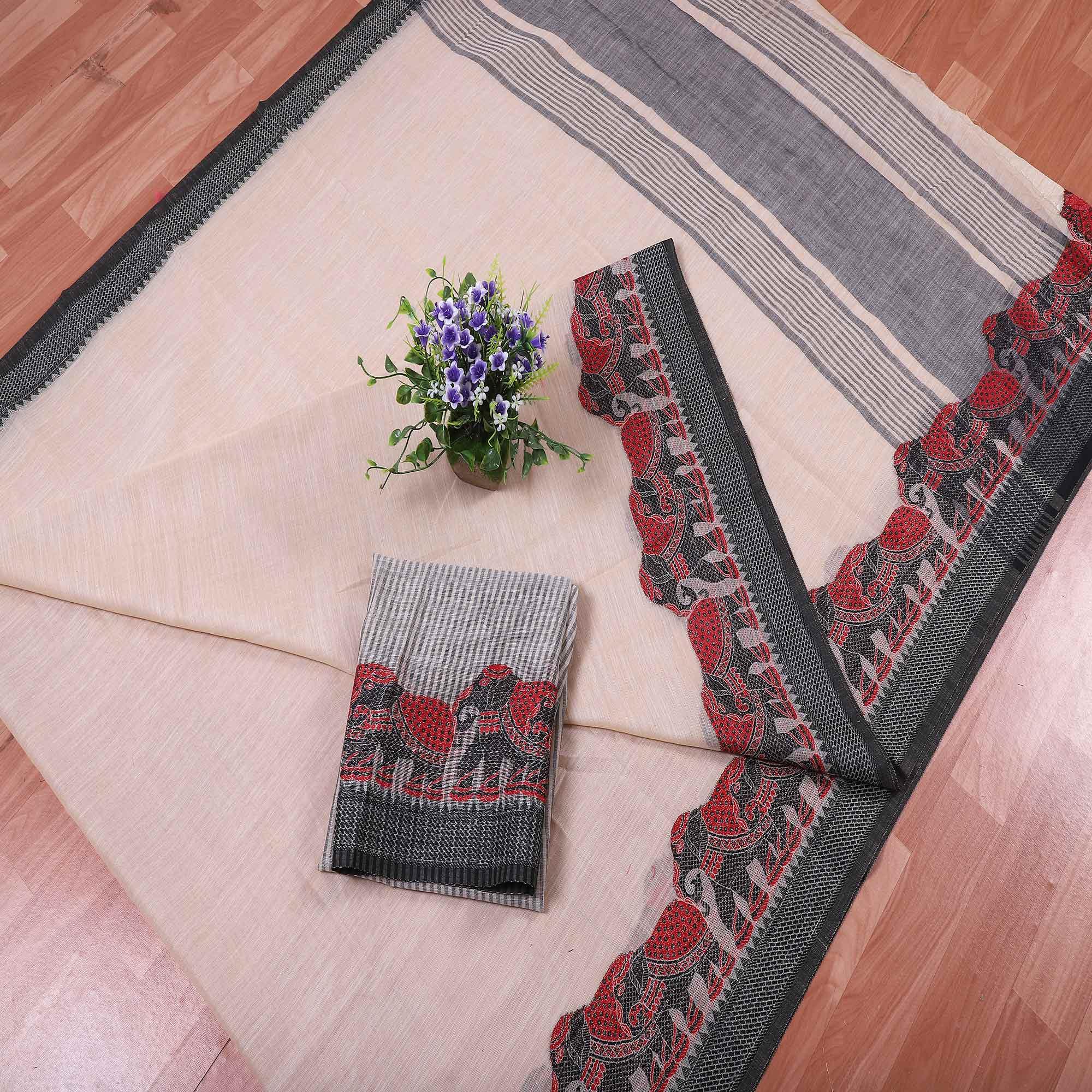 Lovely Light Peach Colored Casual Wear Embroidered Banarasi Silk Saree - Peachmode