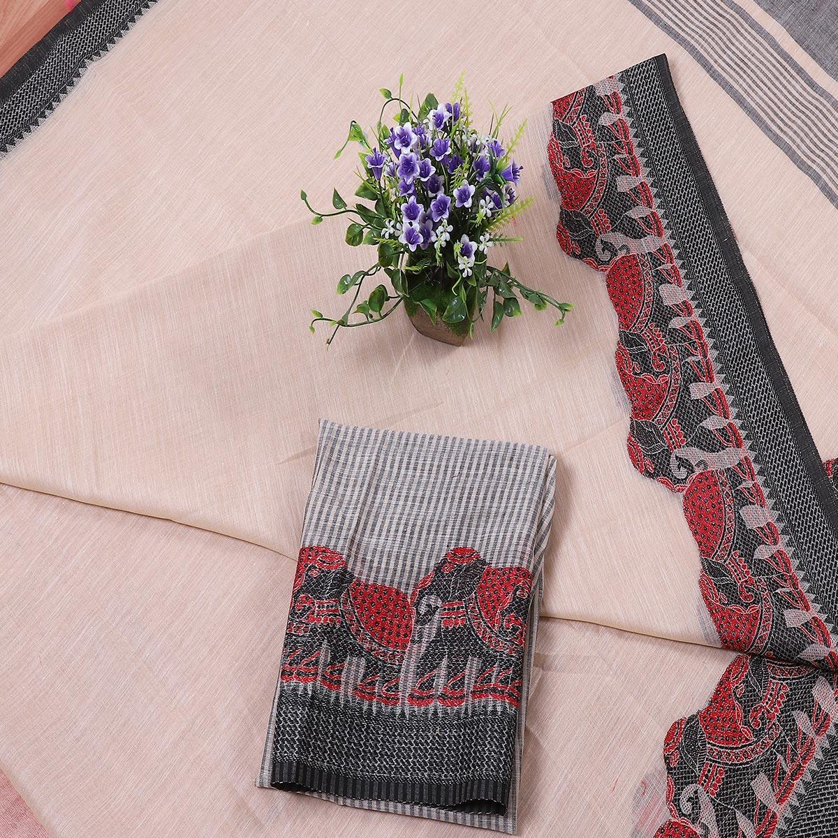 Lovely Light Peach Colored Casual Wear Embroidered Banarasi Silk Saree - Peachmode